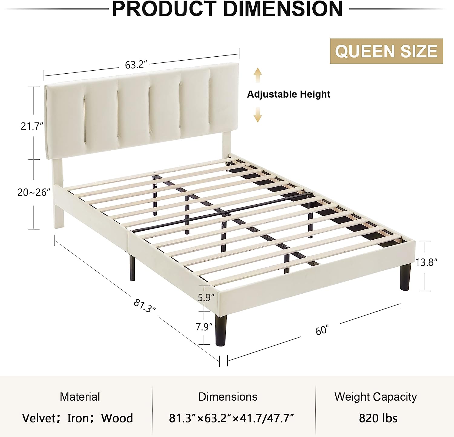 VECELO Modern Upholstered Platform Bedframe, Adjustable Headboard