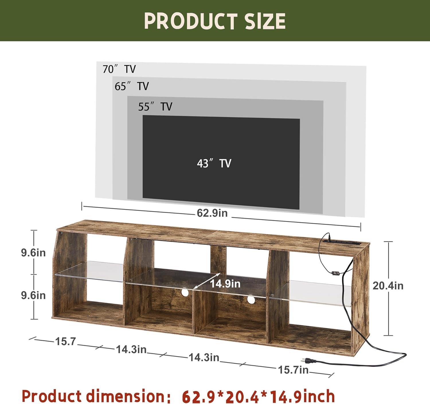 VECELO TV Stand with LED Strip & Power Outlets, Industrial Entertainment Center
