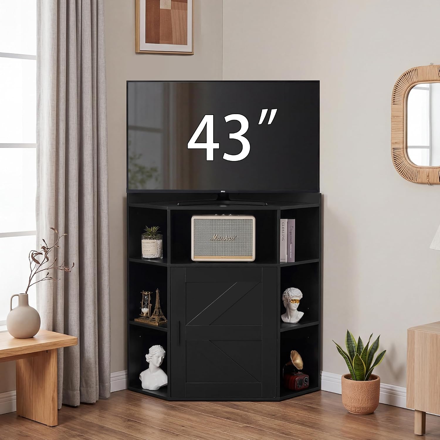 VECELO Corner Storage Cabinet with Charging Station, 34" Shelf with Door & Adjustable Shelves
