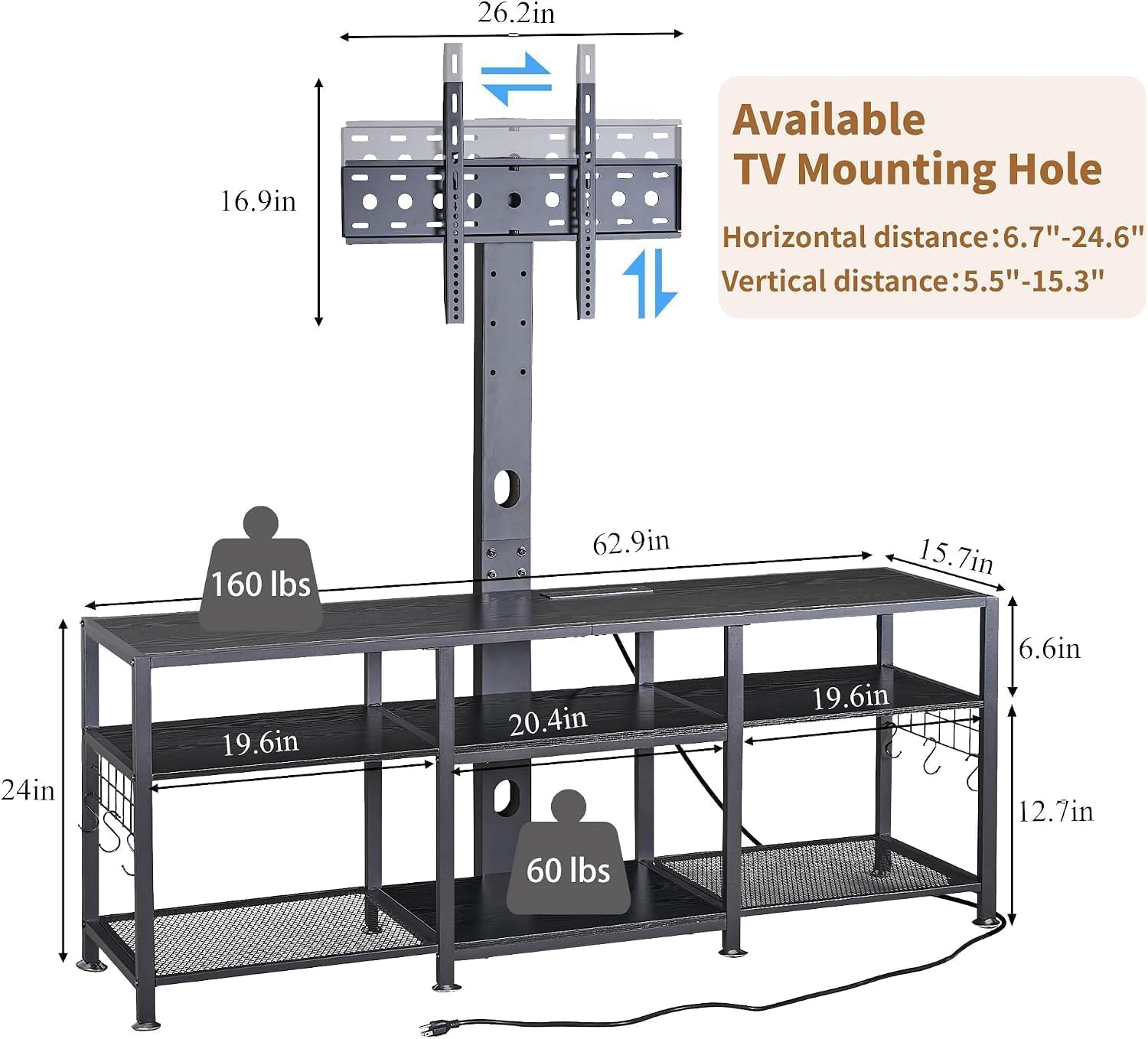 VECELO TV Stand with Mount and Power Outlets