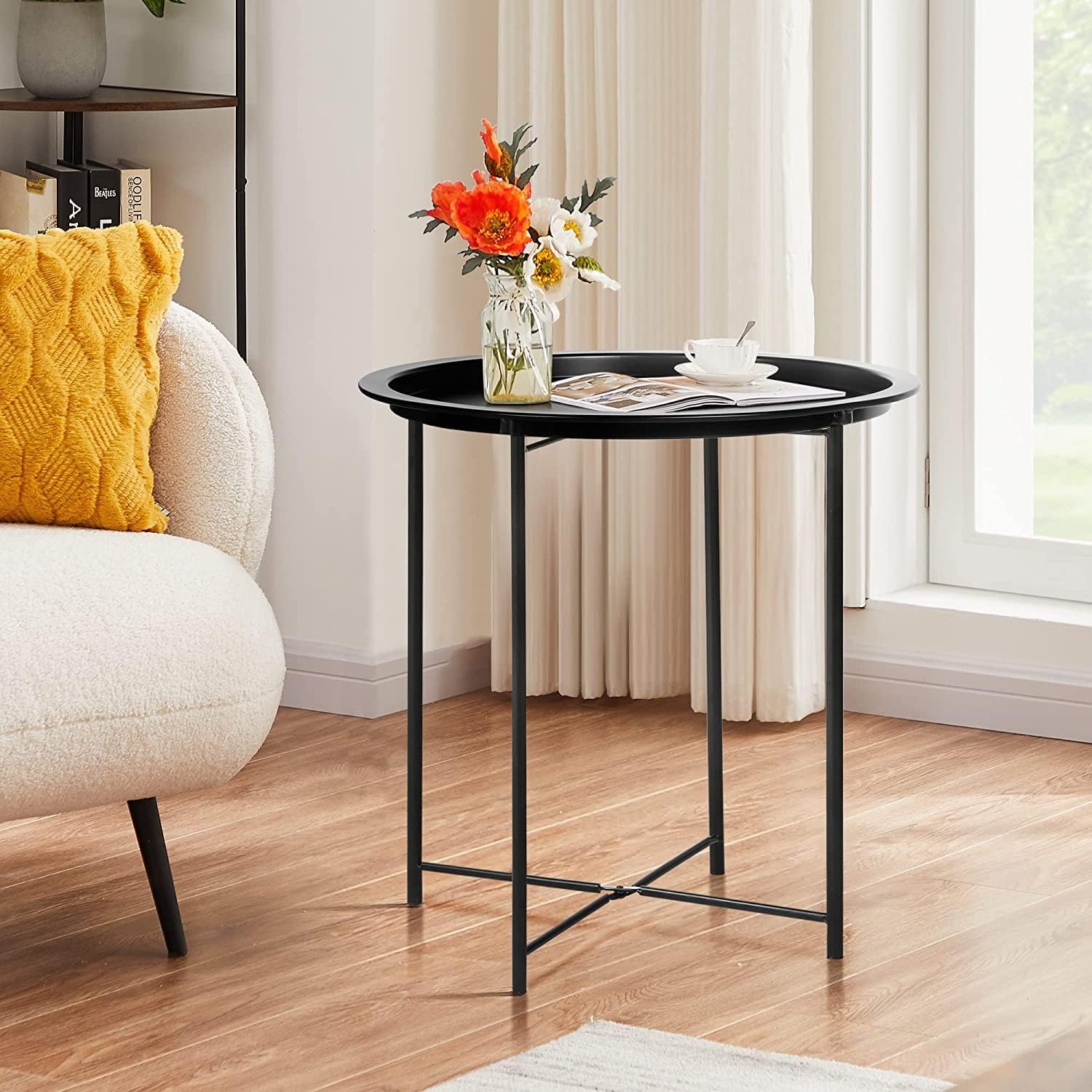 VECELO Metal Round End/Side Table with Removable Tray Small Folding Anti-Rust Nightstand