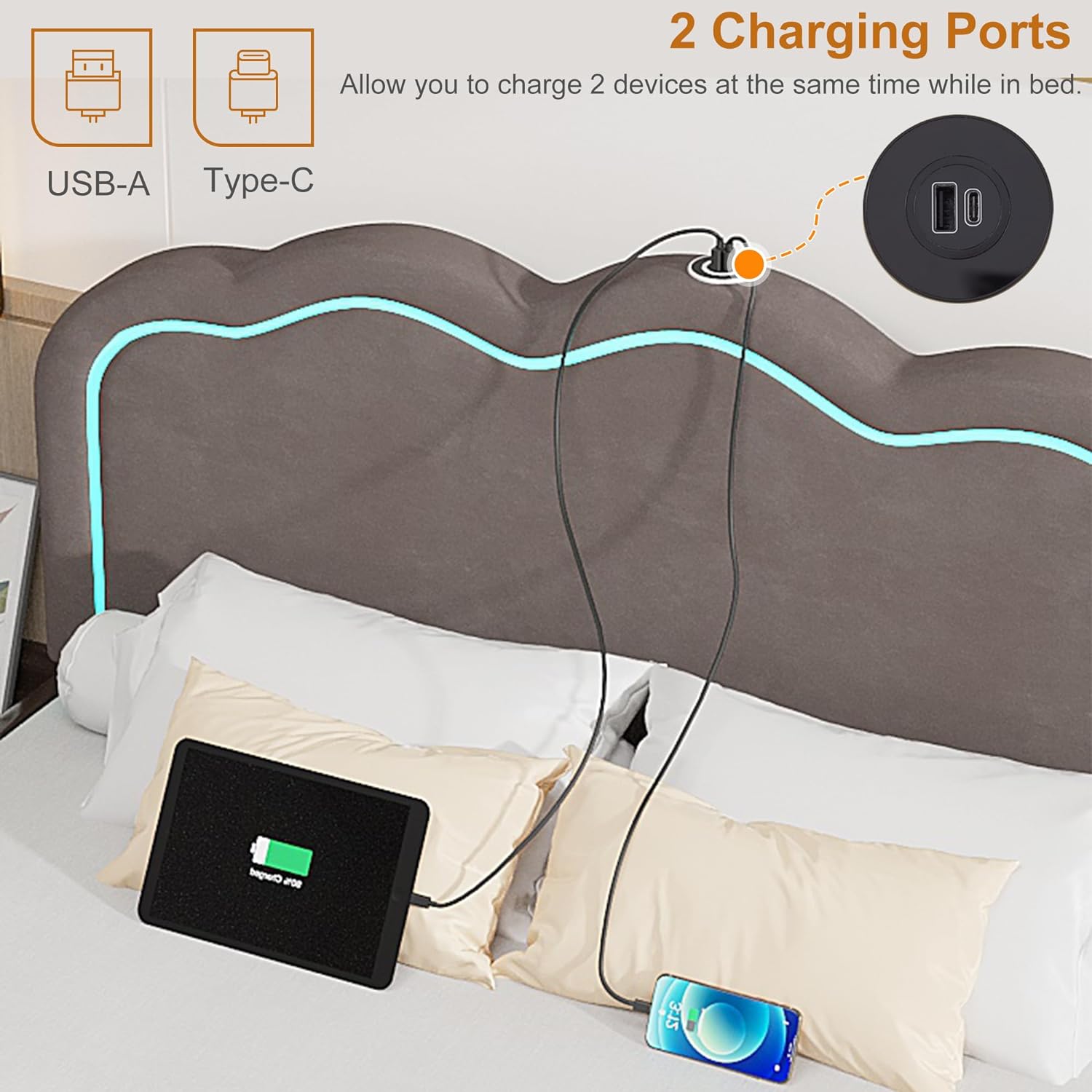 VECELO Upholstered Velvet Platform Bed Frame with Headboard Adjustable, LED Lights, USB-A & Type-C