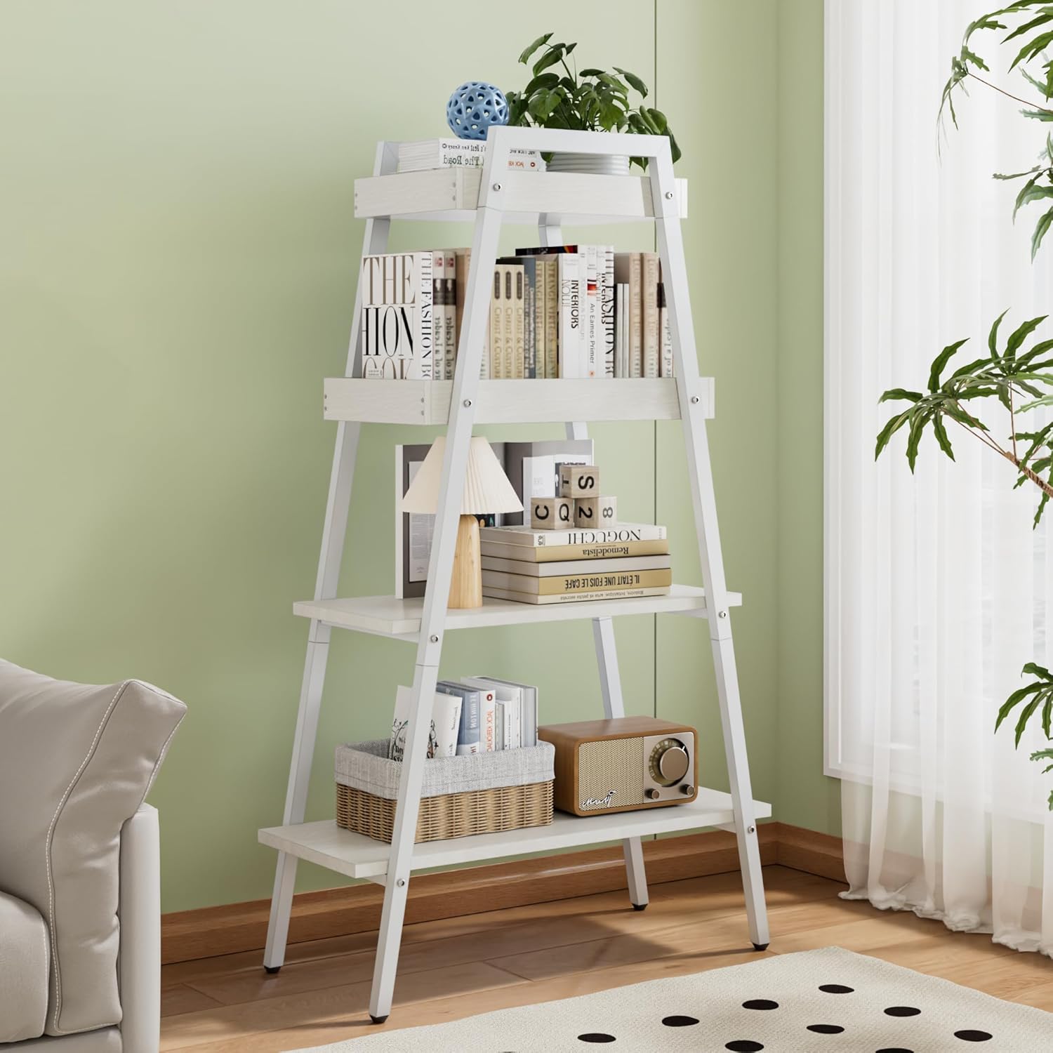 VECELO Industrial Ladder Shelf, 4 Tier Leaning Bookshelf Storage