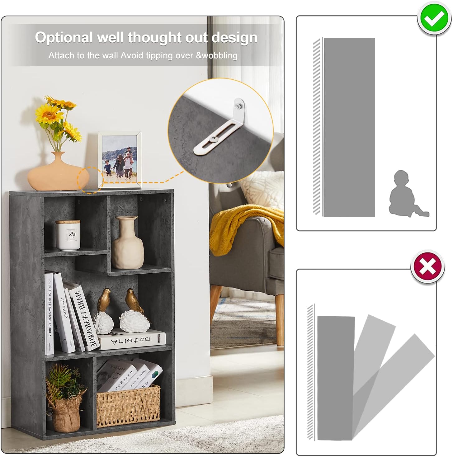 VECELO Modern 3-Tier Small Bookcase, 4 Cube/5 Cube Bookshelf/Storage Organizer for Living Room,Bedroom,Home Office