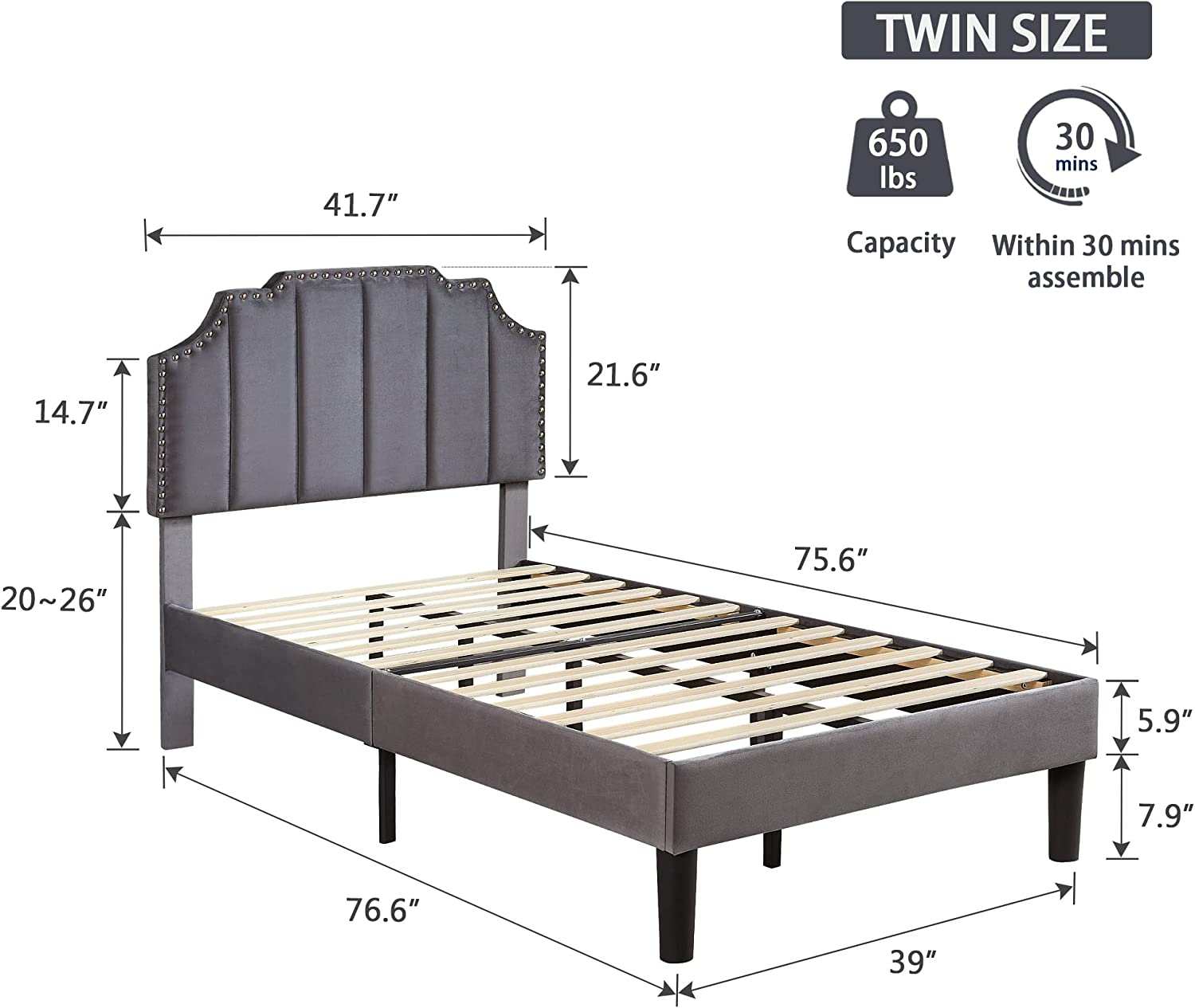 Upholstered Platform Bed Frame with Tufted Adjustable Headboard