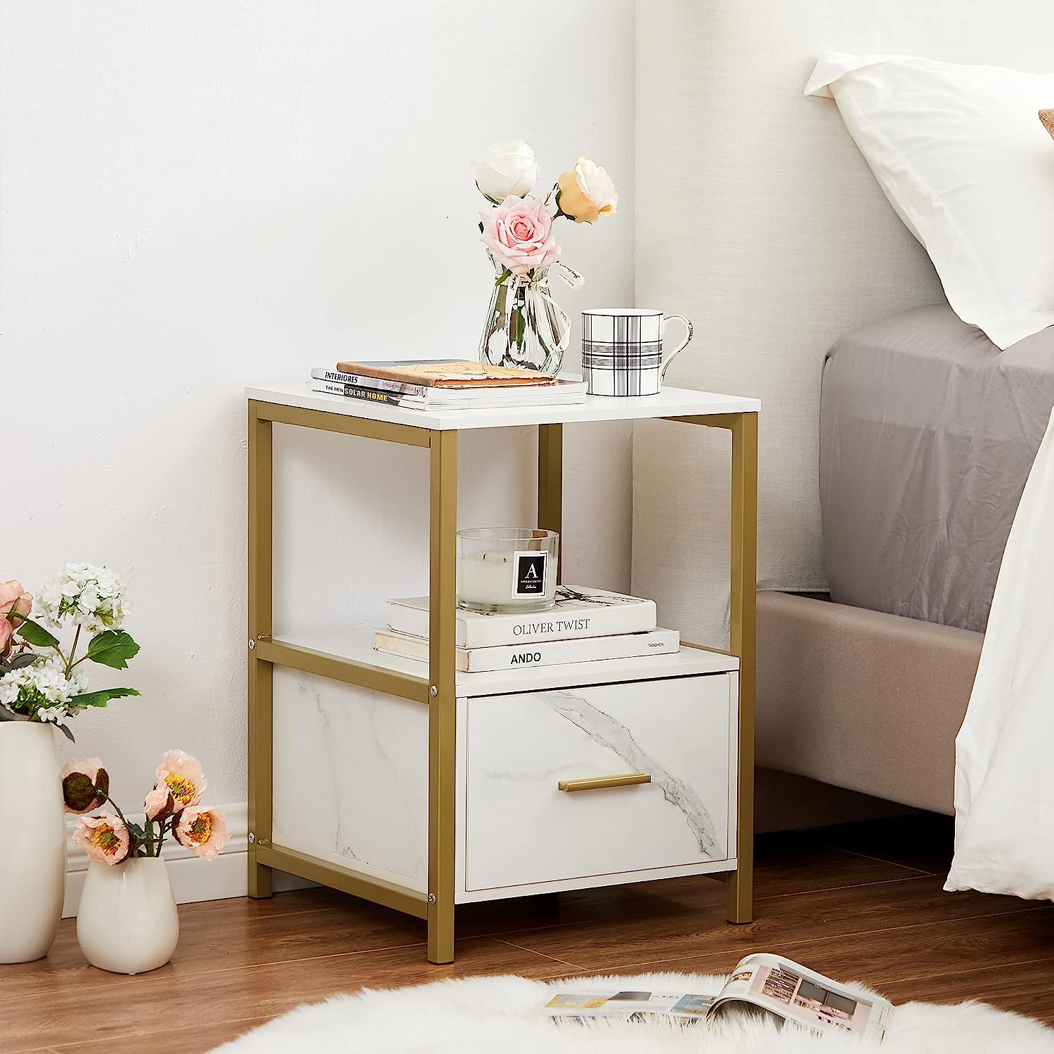 VECELO Nightstand/End/Bedside Table with Storage Drawer and Open Shelf with Steel Frame for Bedroom