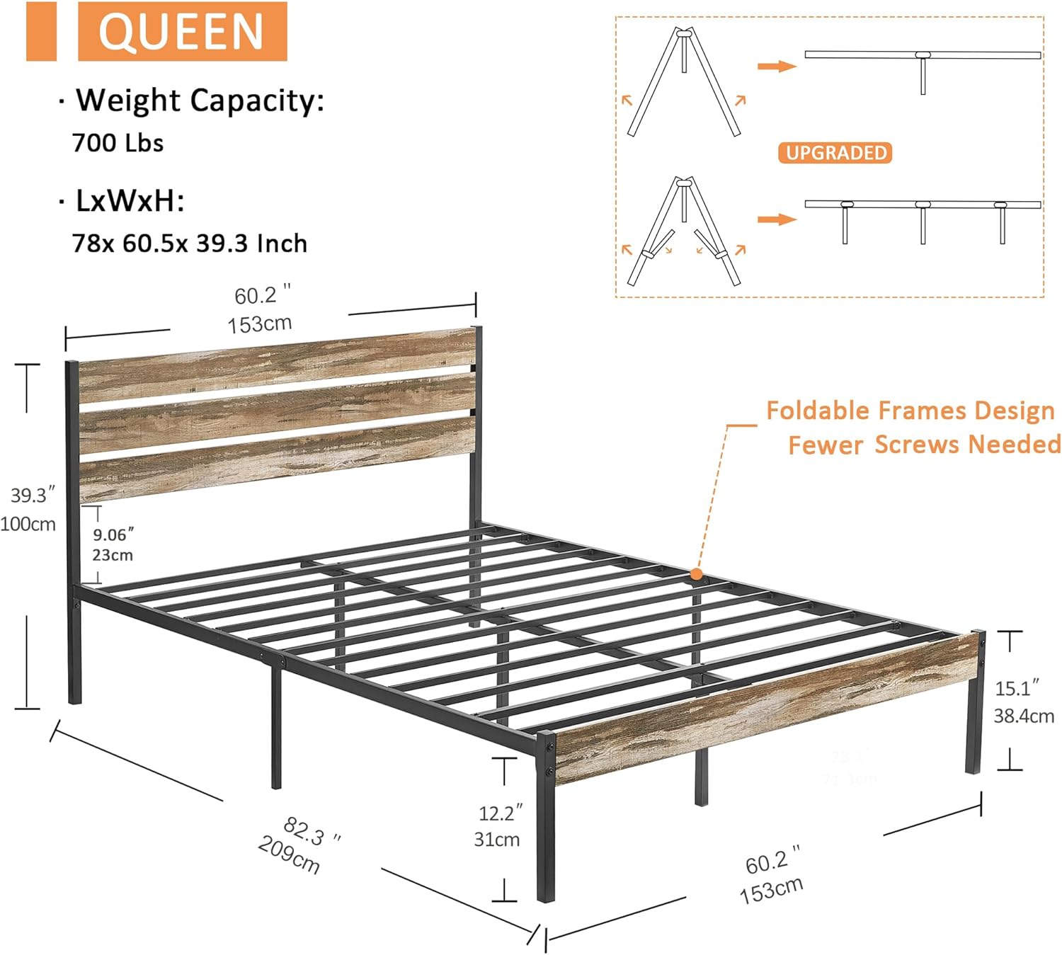 VECELO Platform Bed Frame with Rustic Vintage Wood Headboard/Strong Metal Slats Support