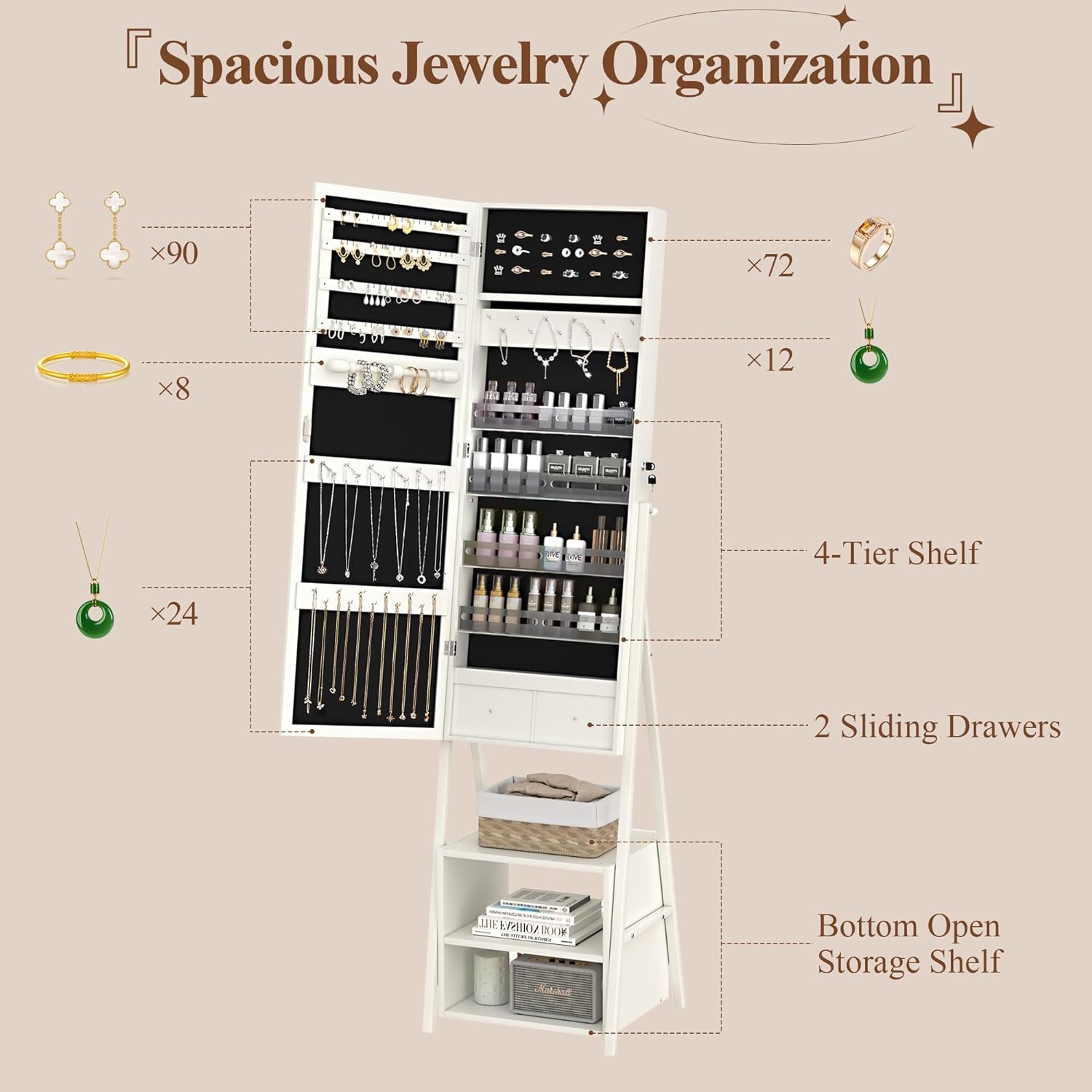 Jewelry Cabinet Armoire with Adjustable LED Lights
