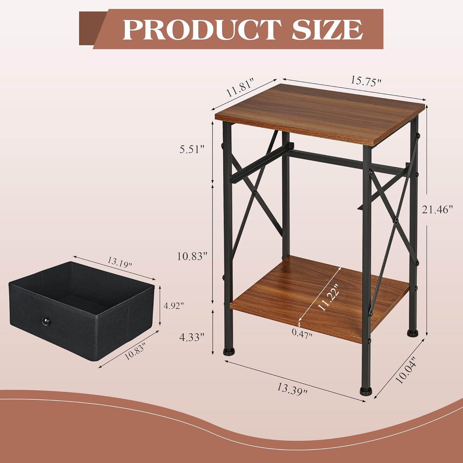 VECELO Nightstand Set of 2, X-Design End Side Table with Fabric Storage Drawer and Open Shelf