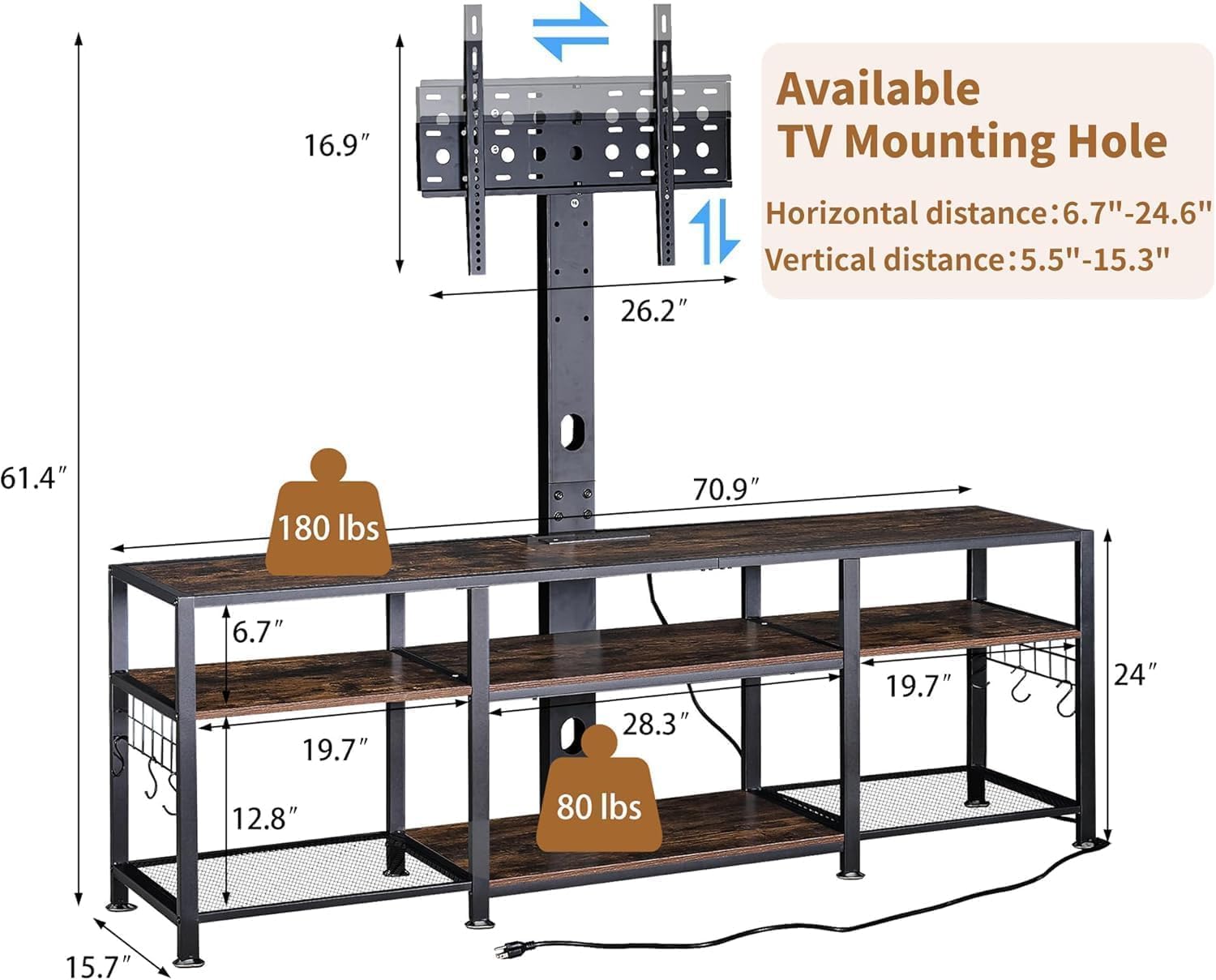VECELO TV Stand with Mount and Power Outlets