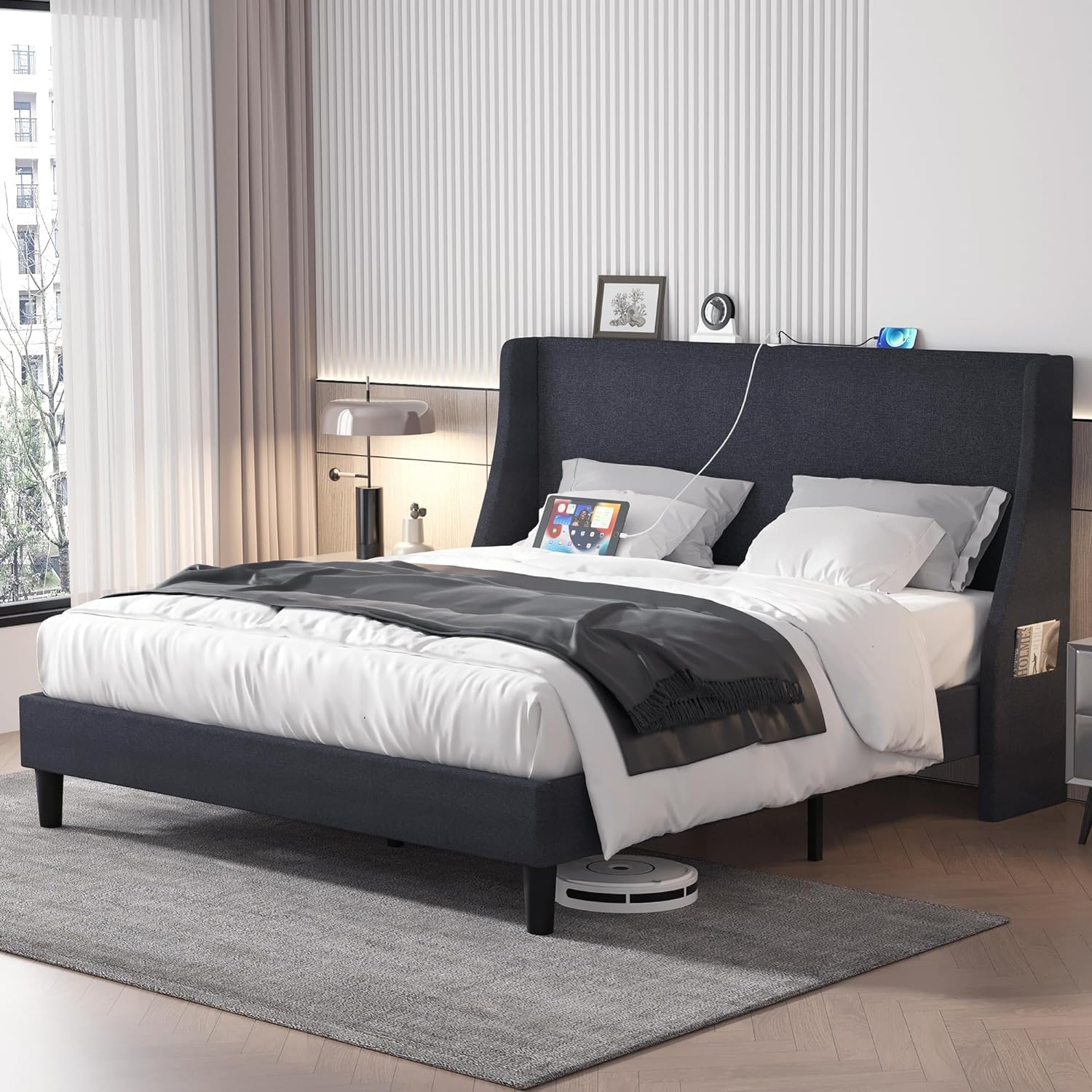 VECELO Bed Frame with Upholstered Wingback Headboard - VECELO