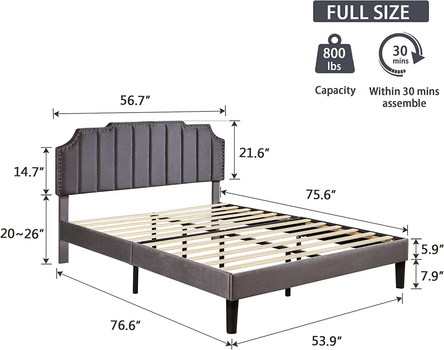 Upholstered Platform Bed Frame with Tufted Adjustable Headboard