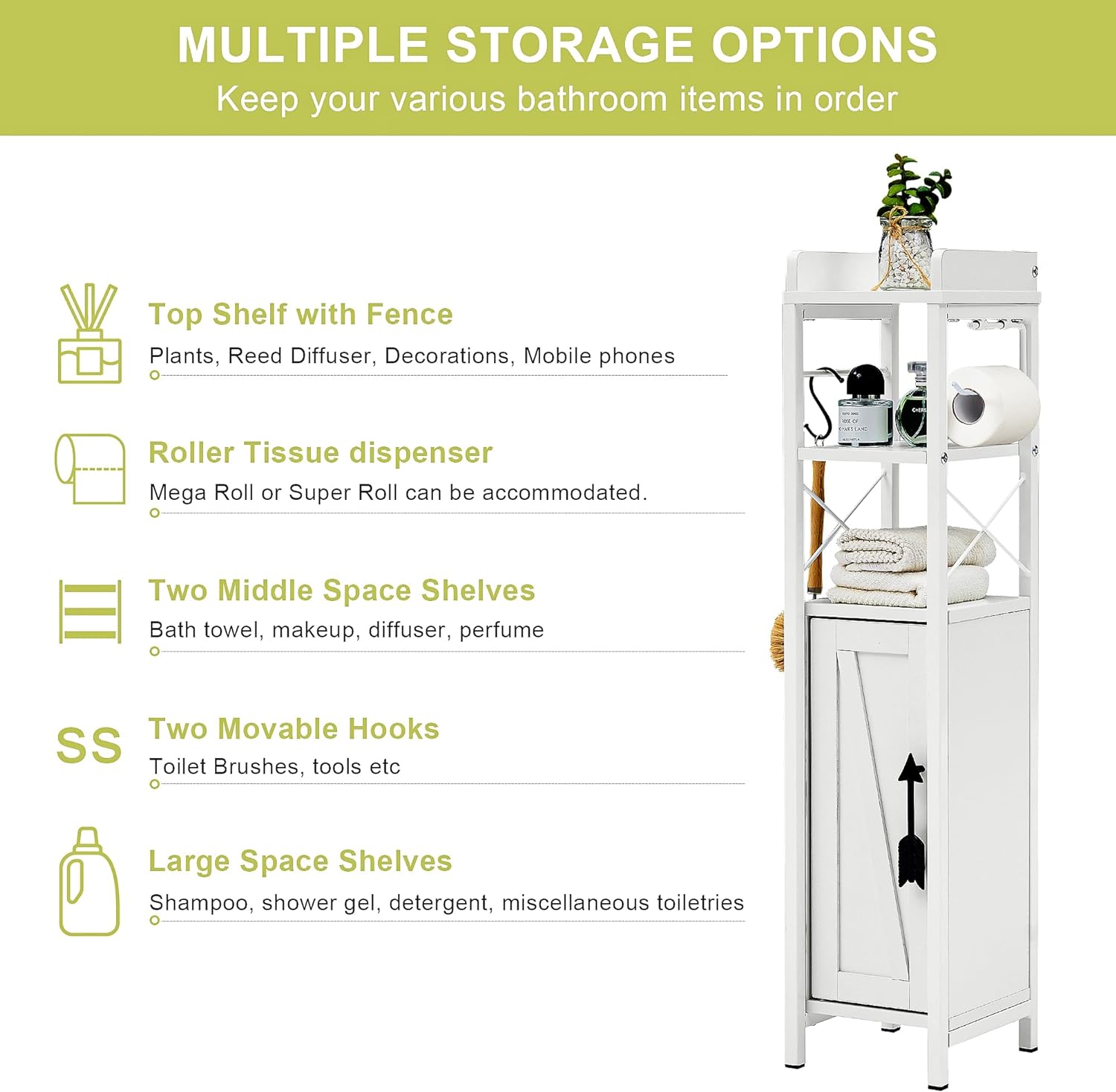 VECELO Small Bathroom Cabinet, Slim Toilet Paper Holder with Door & 2 Shelves