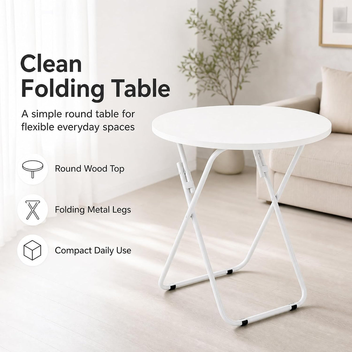 VECELO Folding Round Table, Patio Outdoor Dining Table, Wood Top Metal Frame No Assembly Required