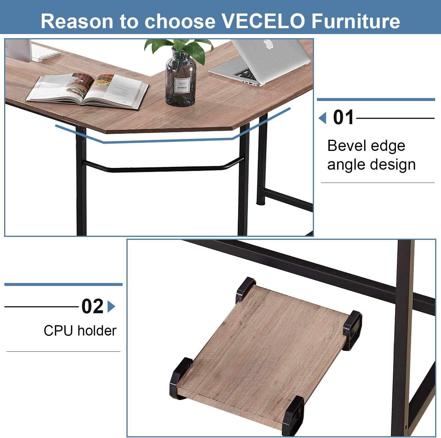 VECELO Large Corner Computer Desks, 66.3X18.9 inch L-Shaped with CPU Stand/PC Laptop Study Writing Table Workstation for Home Office