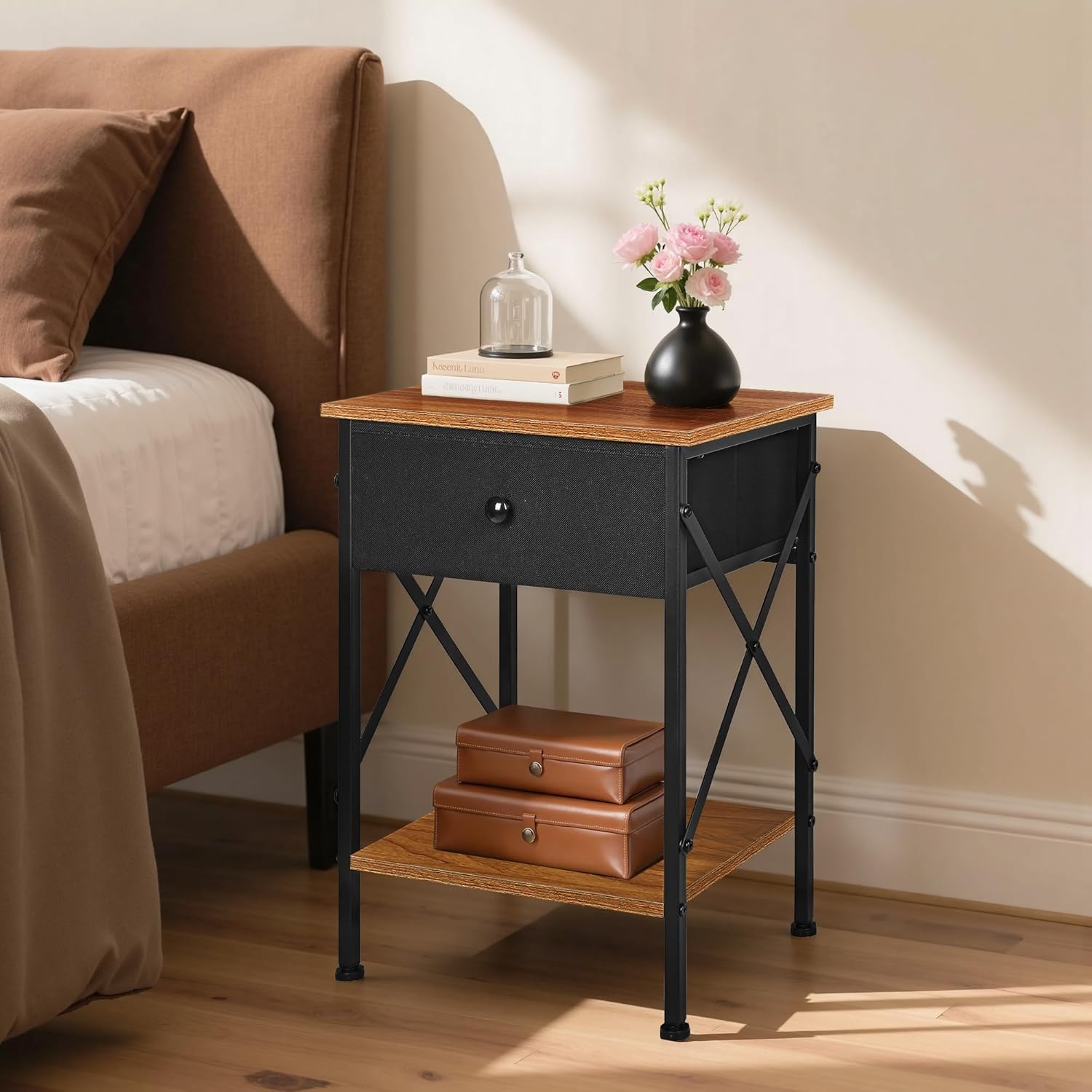 VECELO Nightstand Set of 2, X-Design End Side Table with Fabric Storag