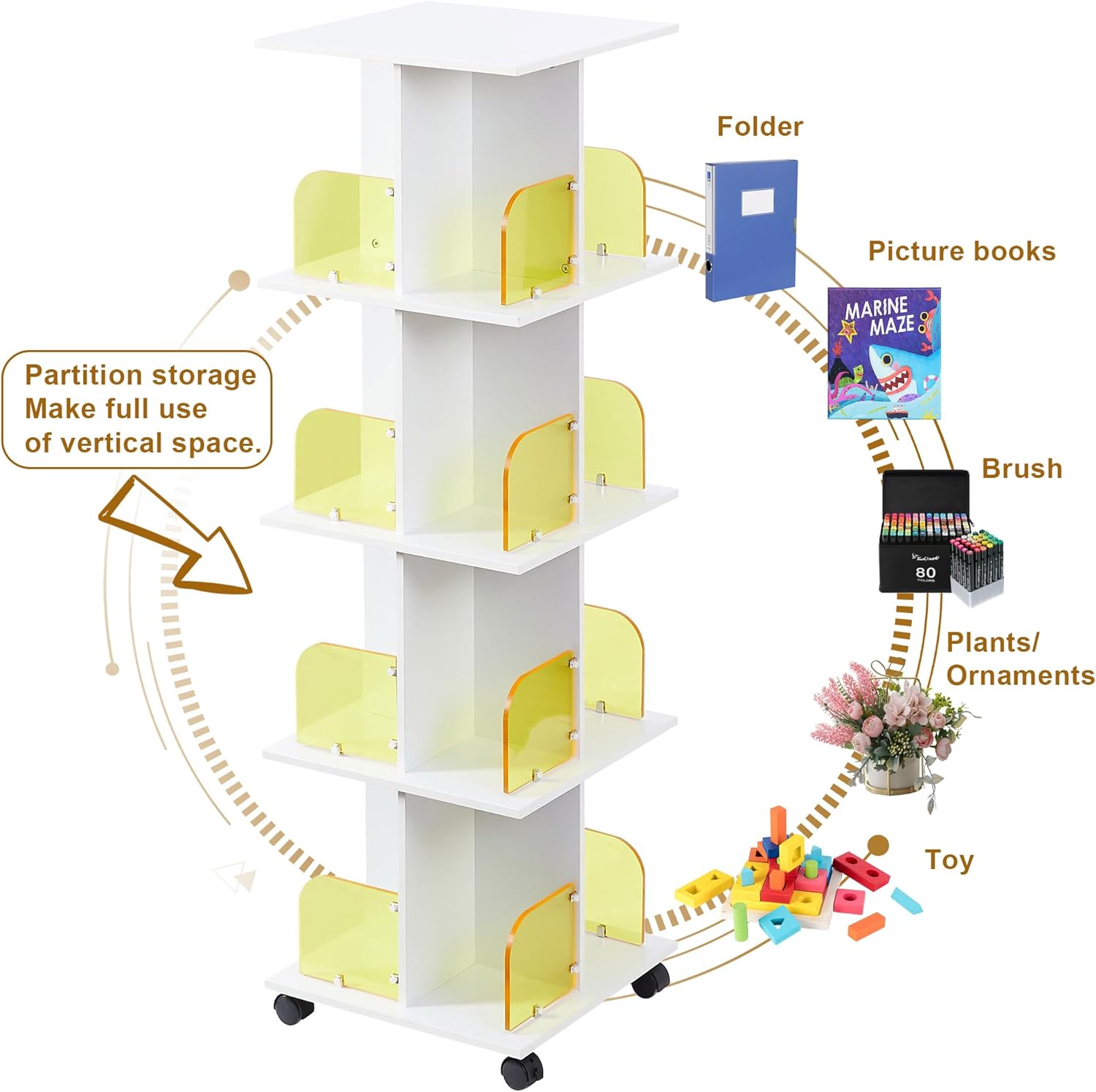 VECELO 4 Tier Rotating Bookshelf Tower,360° Corner Display Shelf with Wheels