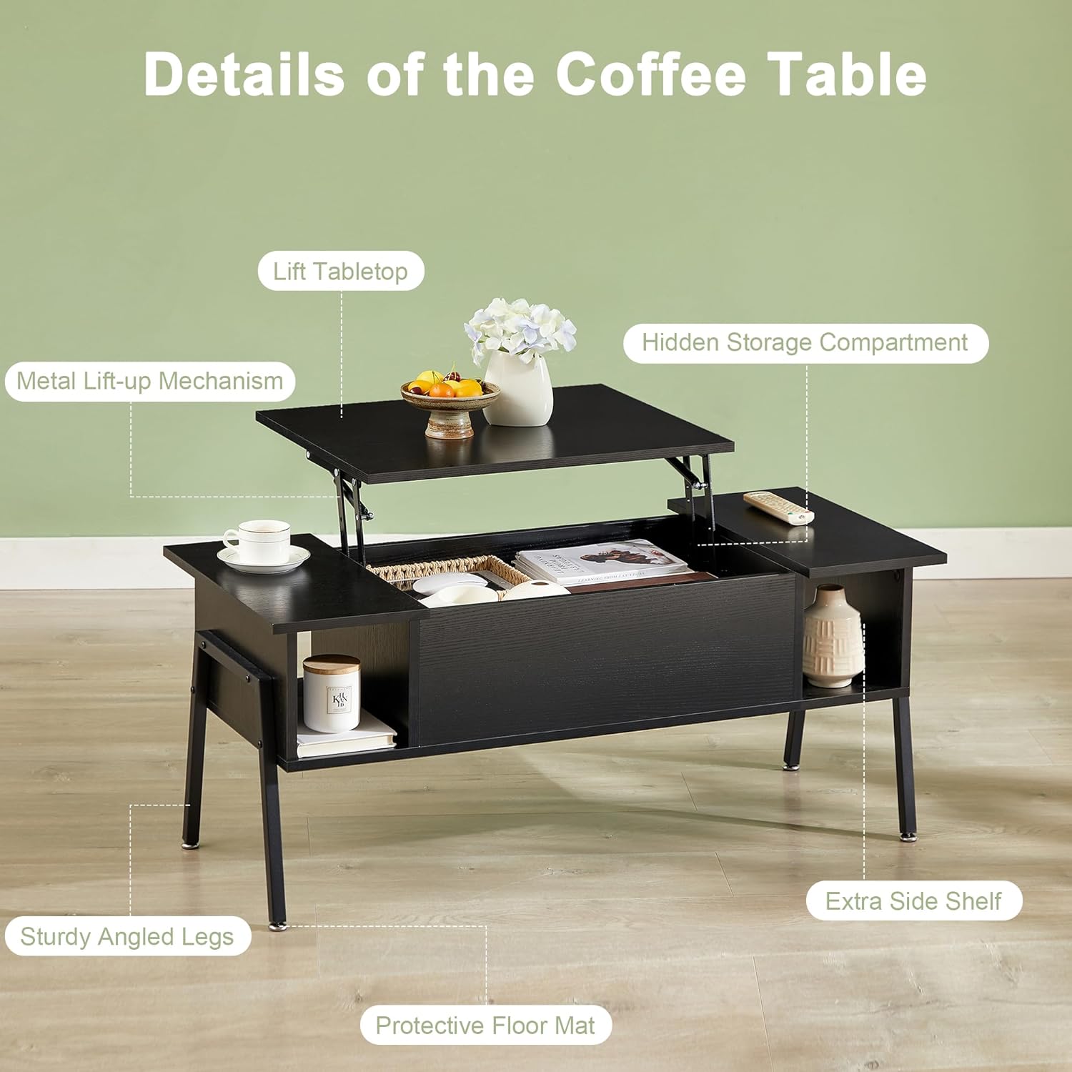 VECELO Wood Lift Top Coffee Table with Hidden Compartment and Storage Shelf