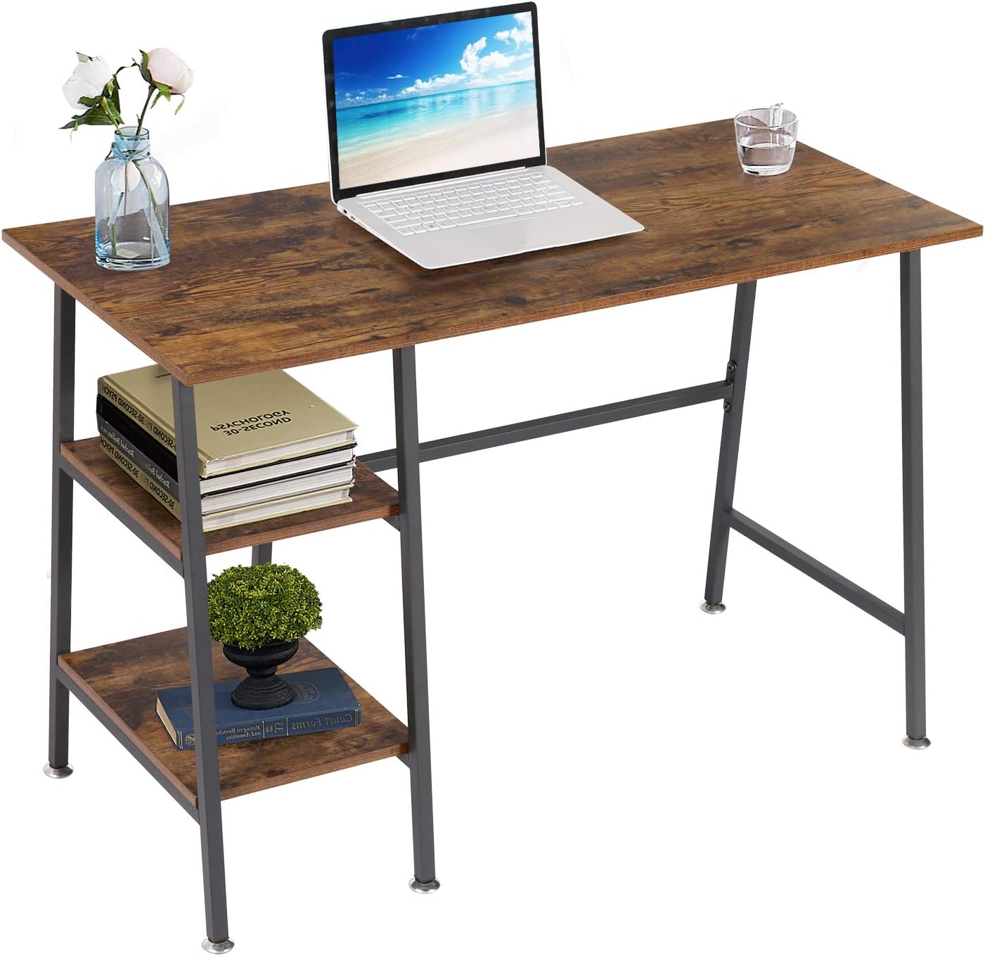 VECELO Computer Desk Study Writing Wooden Table with 2 Tier Storage Shelves on Left or Right for Home Office
