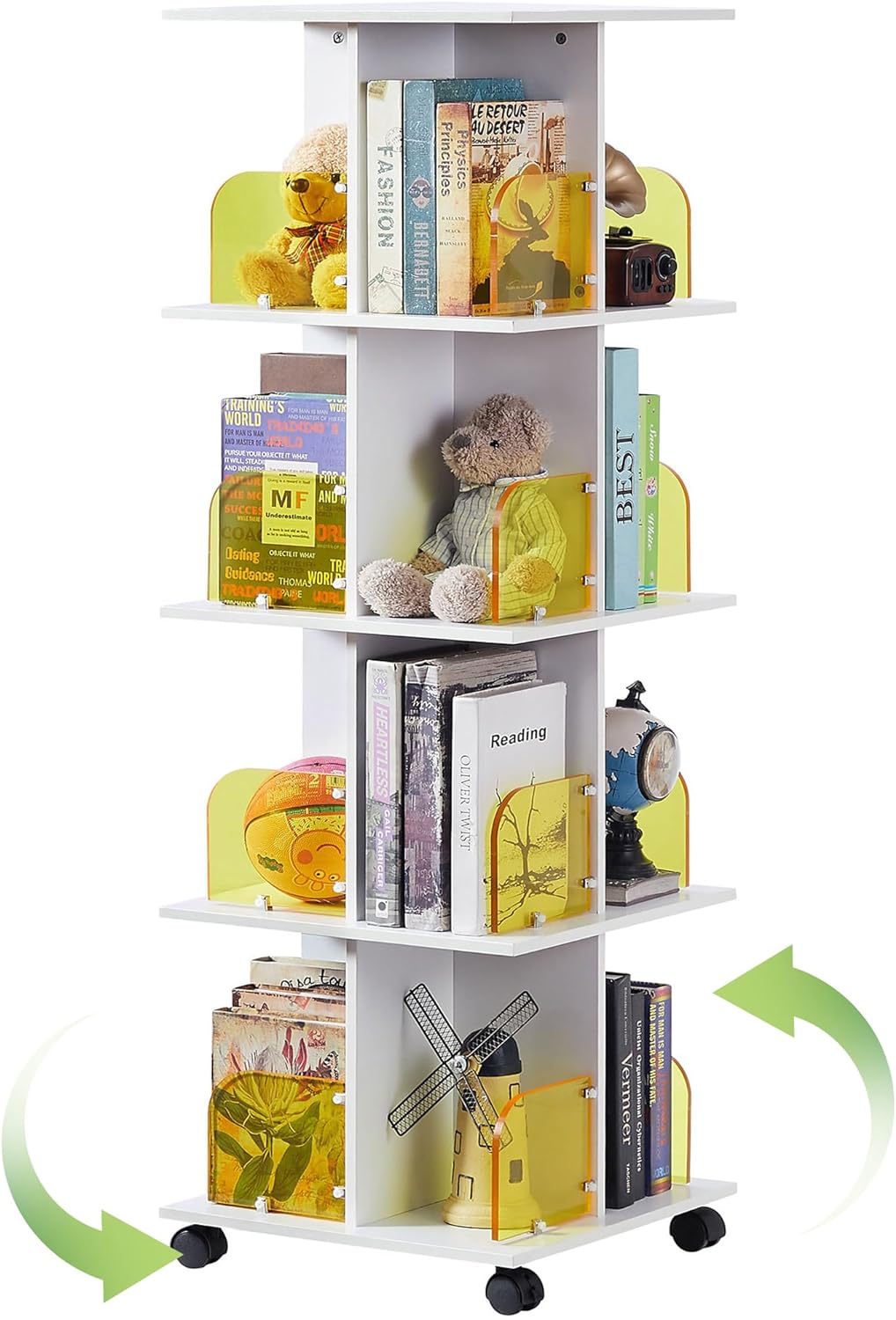 VECELO 4 Tier Rotating Bookshelf Tower,360° Corner Display Shelf with Wheels