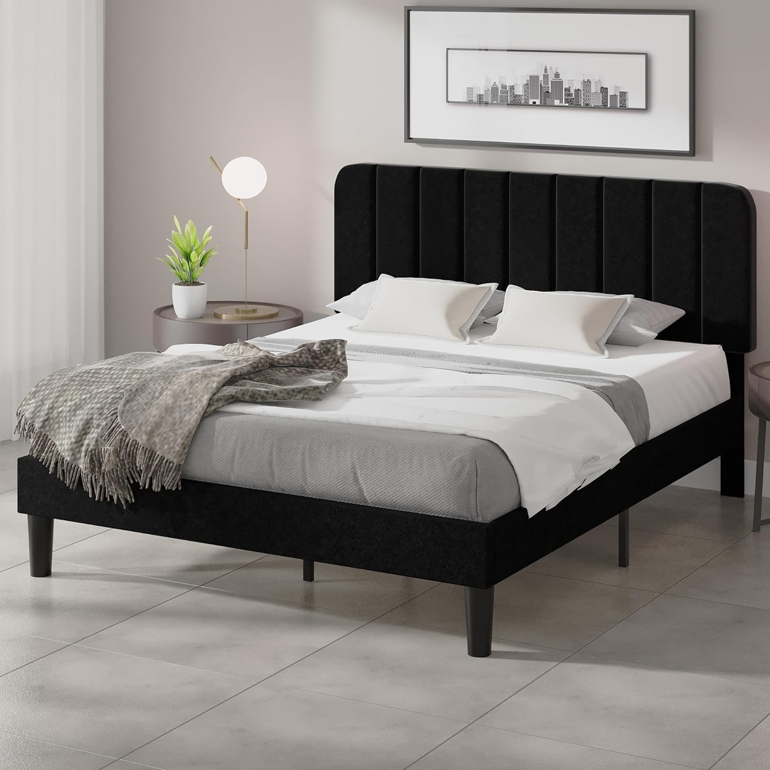 VECELO Twin Size Bed Frame with Adjustable Headboard, Velvet Heavy Duty Platform Beds with Strong Wood Slats Support