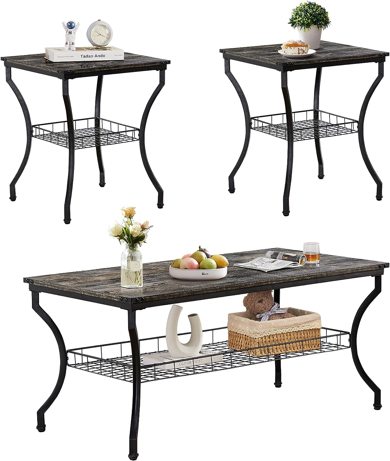 VECELO 3 Pieces Living Room Sets Coffee and End Tables - Thumbnail 5