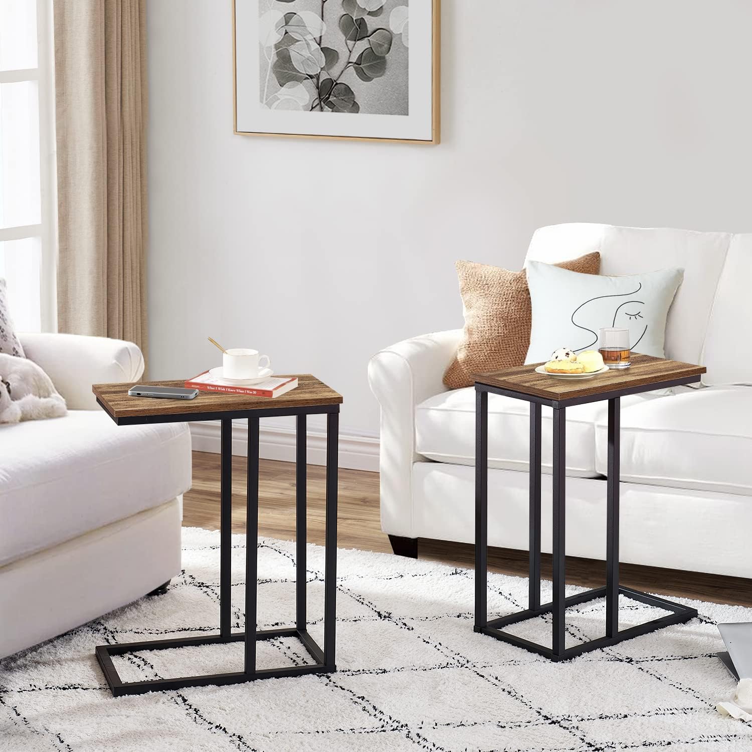 VECELO C Shaped End Side Table for Sofa Couch and Bed Snack TV Tray