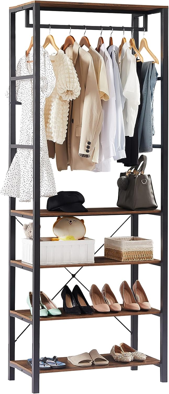 VECELO Coat Entryway Hall Tree with 4 Tier Shoe Rack and Hanging Rod
