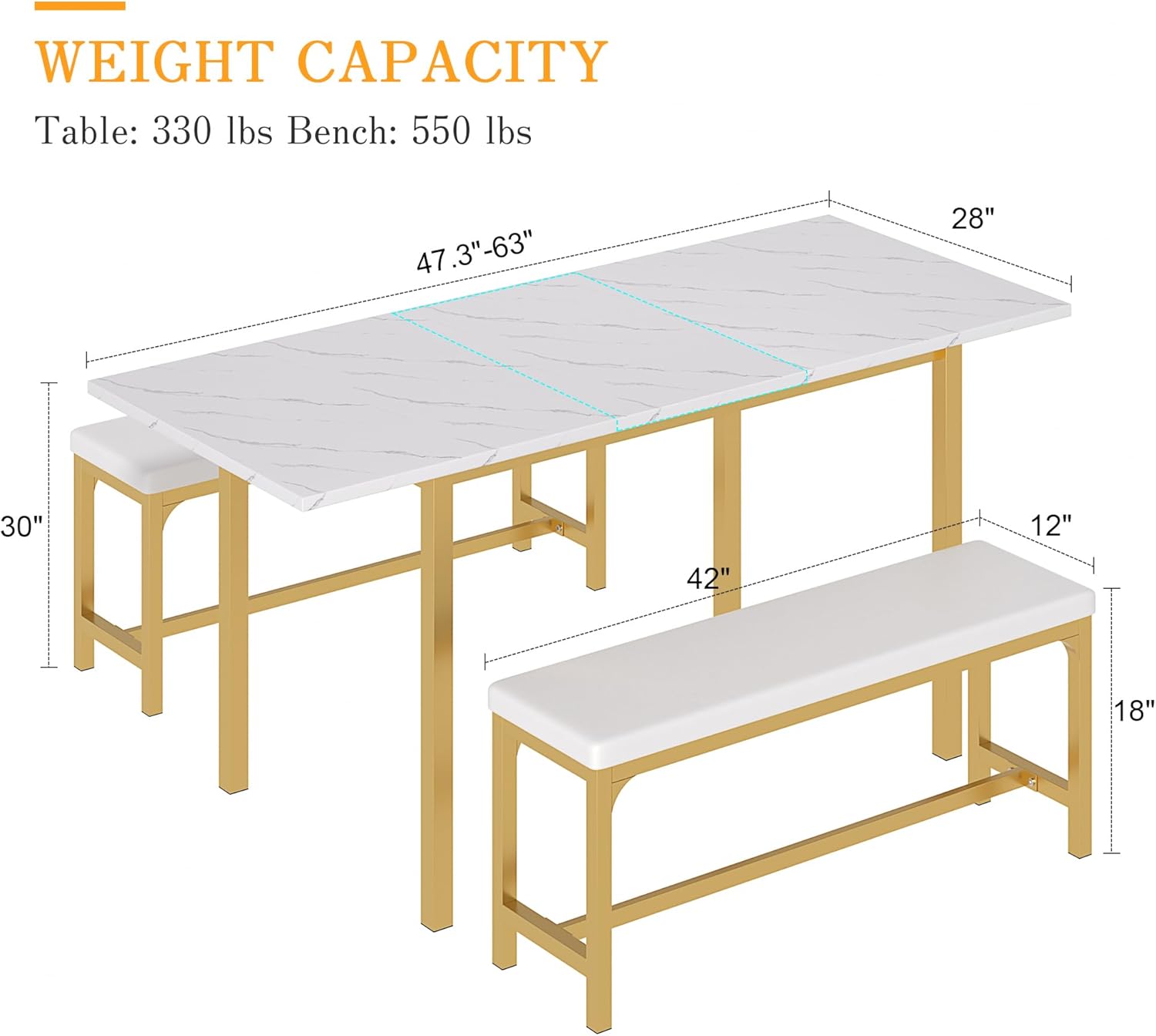VECELO 3-Piece 63" Extendable Kitchen Table with Benches/Chairs - VECELO