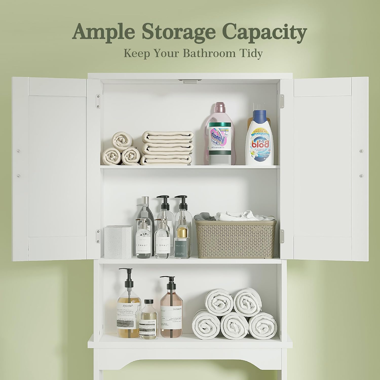 VECELO Over The Toilet Storage Cabinet, Over Toilet Bathroom Shelf with Double Doors and Anti-Tip Device