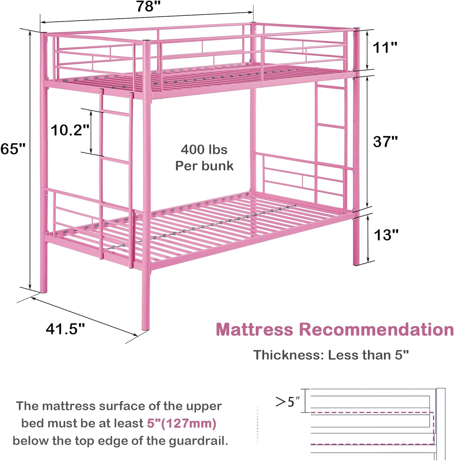 VECELO Metal Bunk Bed Twin Over Twin, Industrial Bunkbeds with Ladder and Full-Length Guardrail