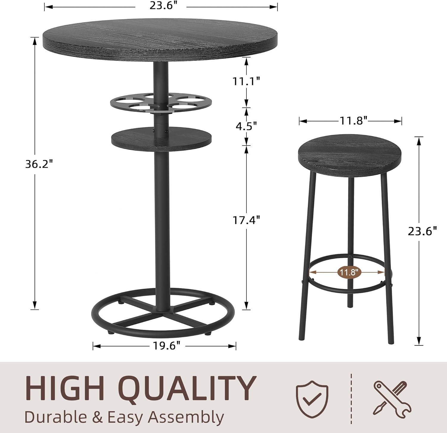 VECELO 3 Piece Bar Table Set, Small 2-Tier Round Pub Table with Barstools