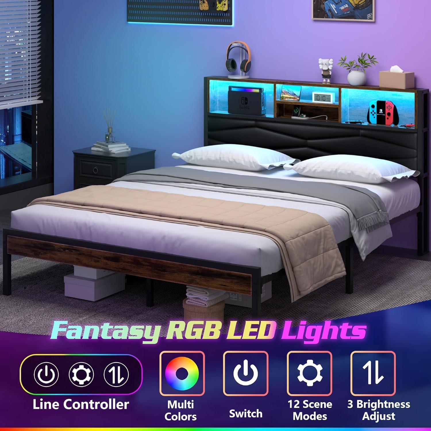 VECELO Bed Frame with 2-Tier Storage Headboard and Charging Station