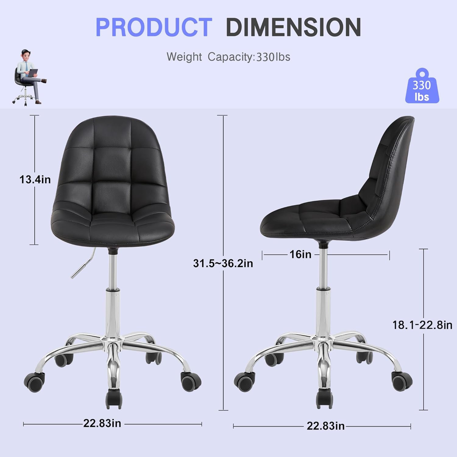 VECELO Modern Armless Home Office Desk Chair, Height Adjustable, PU Leather 360 Degree Swivel with Wheels