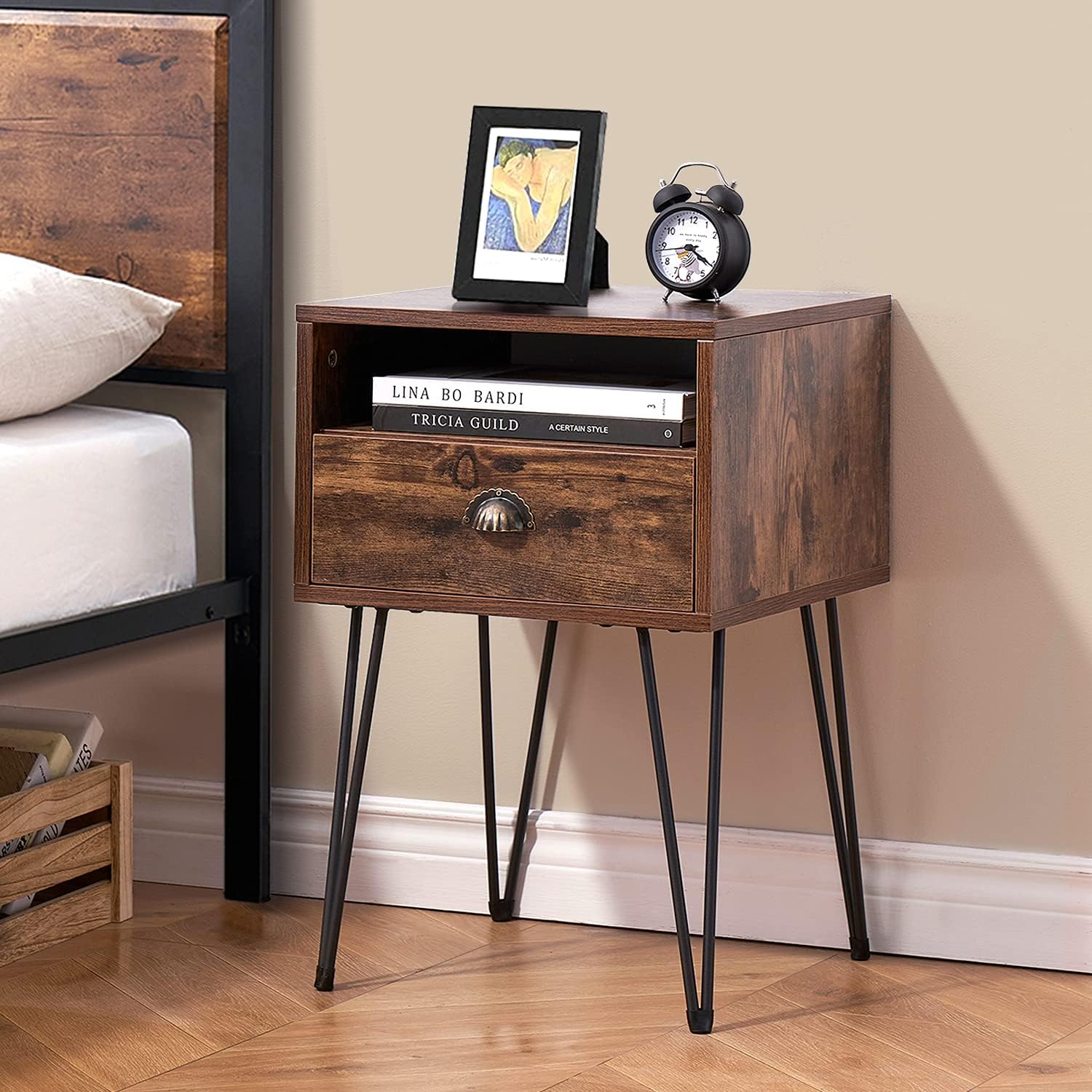 VECELO Industrial Nightstand/End Side Table with Drawer and Shelf for Storage