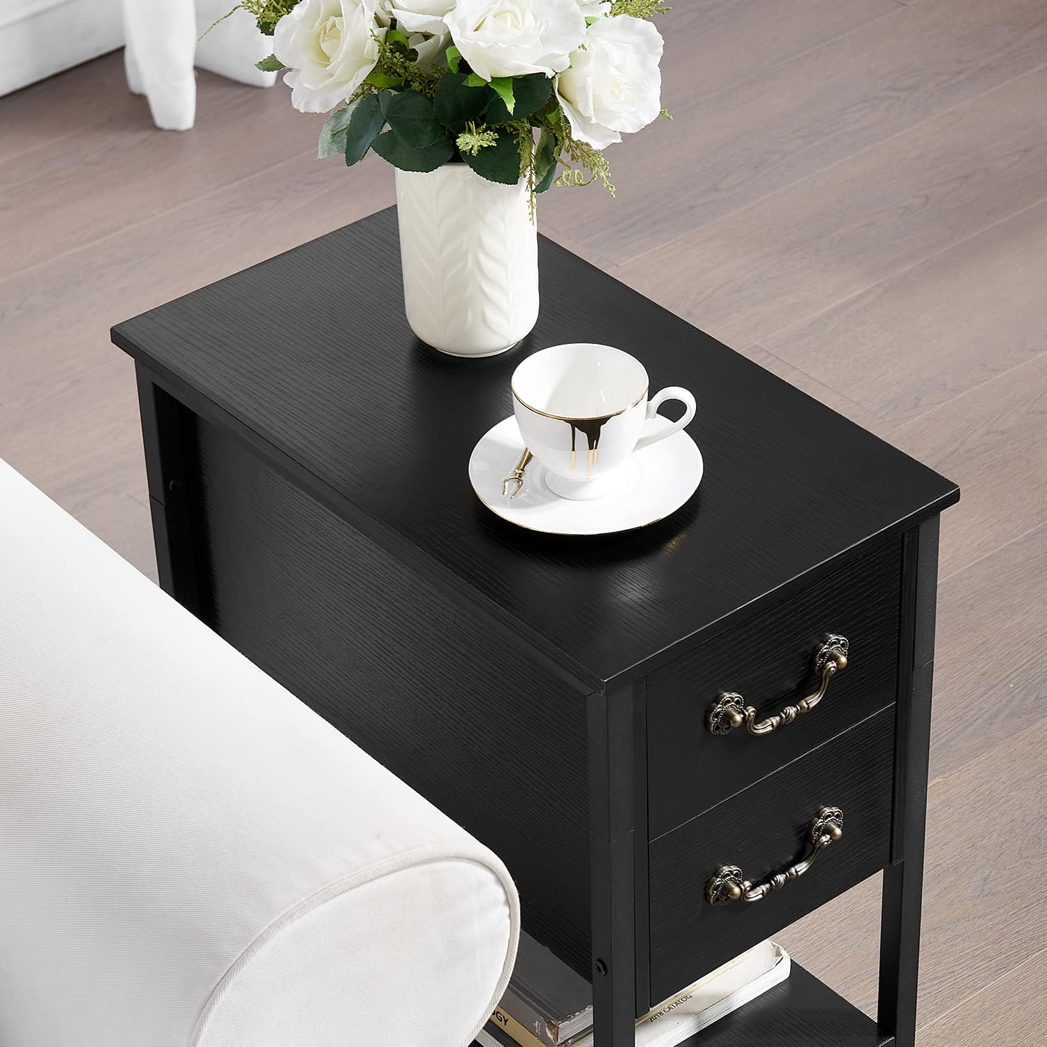 VECELO End Tables,Narrow Nightstands with Charging Station & USB Ports &Drawers