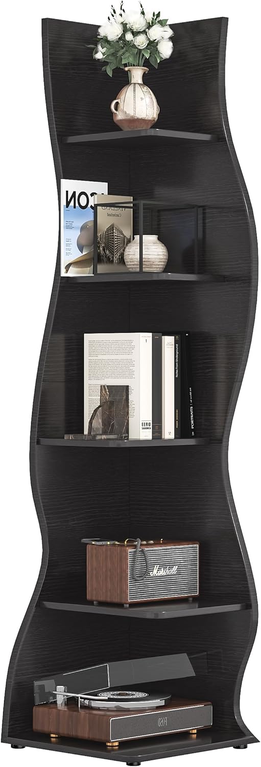 VECELO Wavy Corner Shelf, Decorative 5-Tier Storage Bookshelf