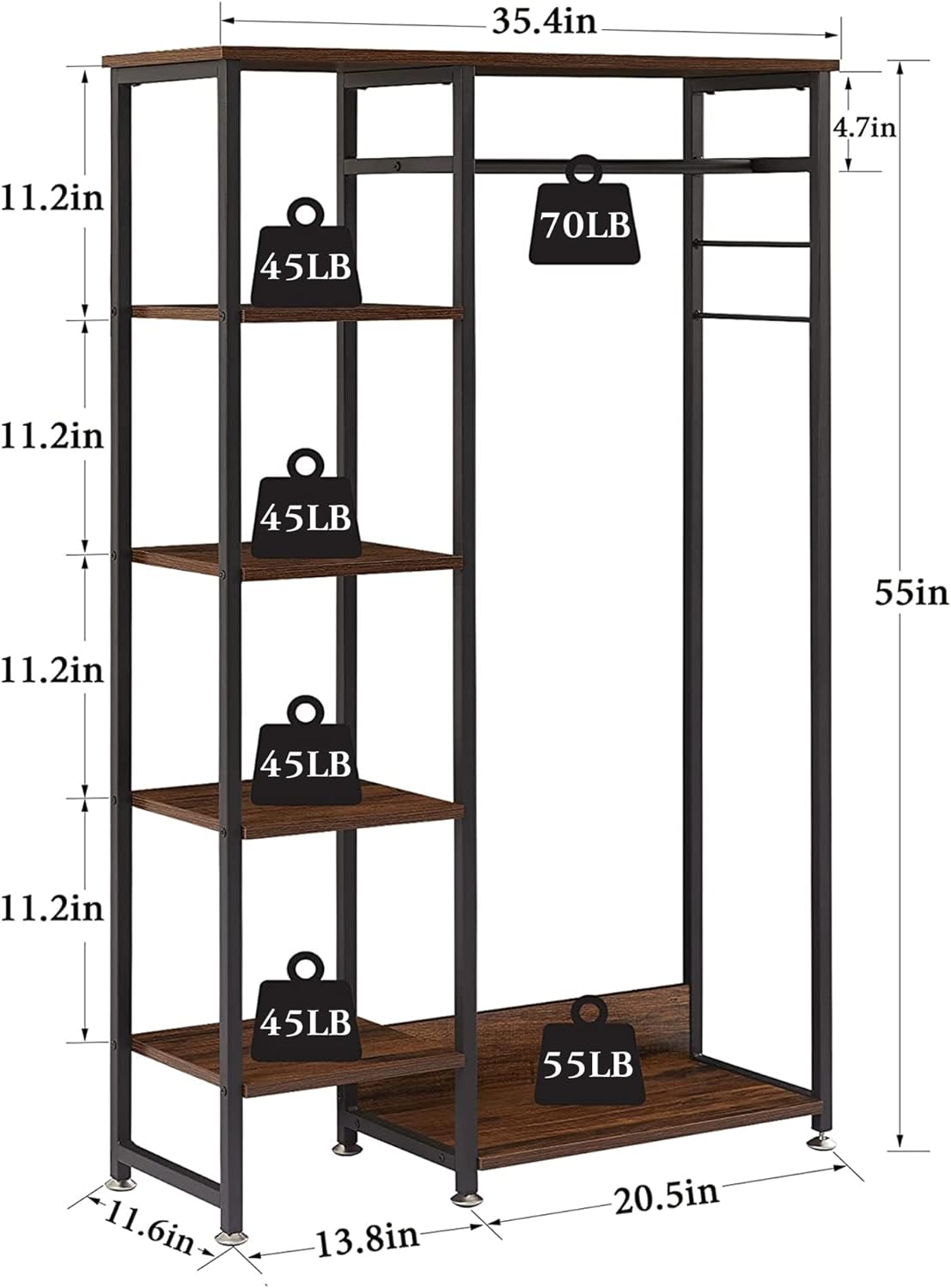 VECELO Open Garment Clothing Rack, Free-Standing Heavy Duty Storage Closet with 5 Shelves and Hanging Rod