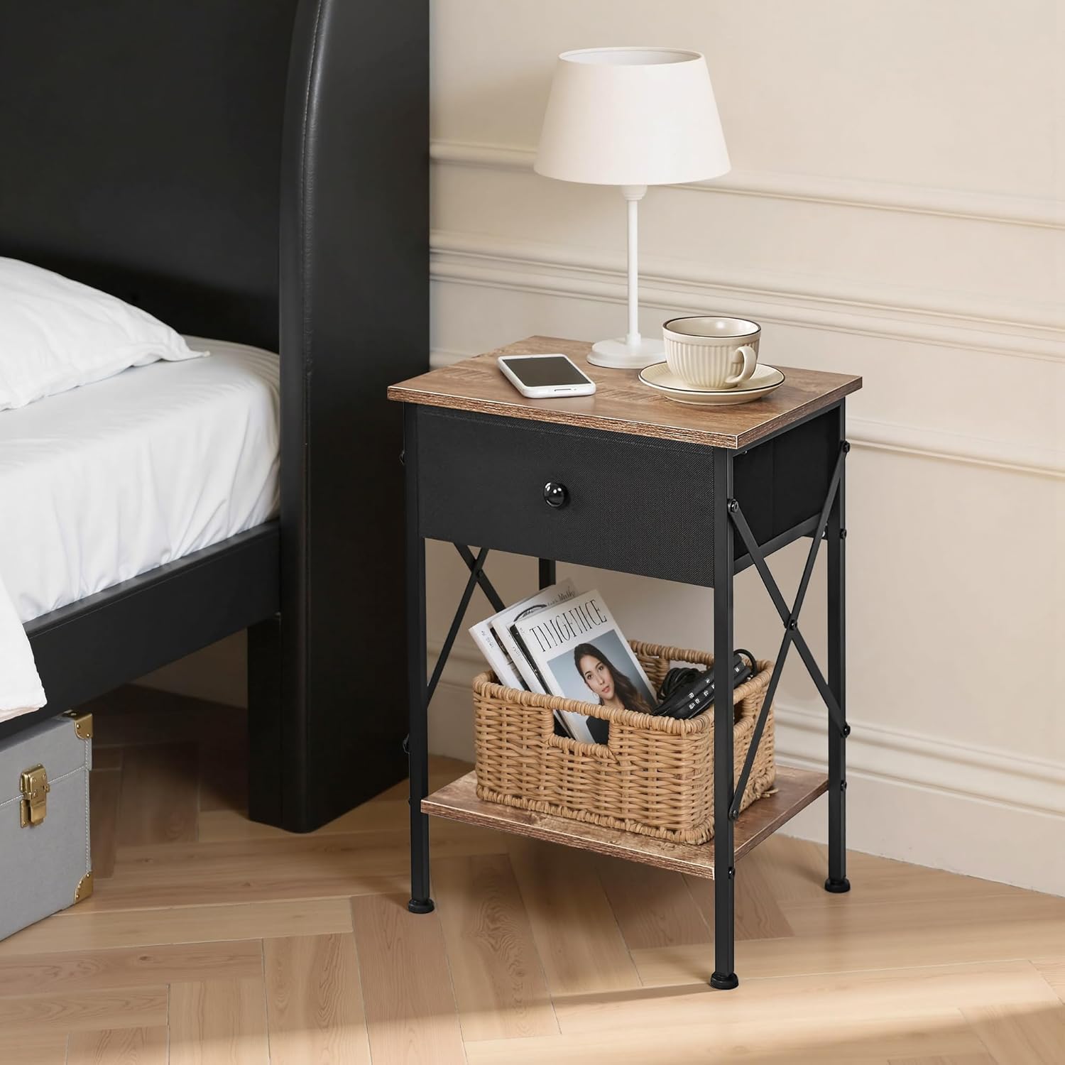 VECELO Nightstand Set of 2, X-Design End Side Table with Fabric Storage Drawer and Open Shelf
