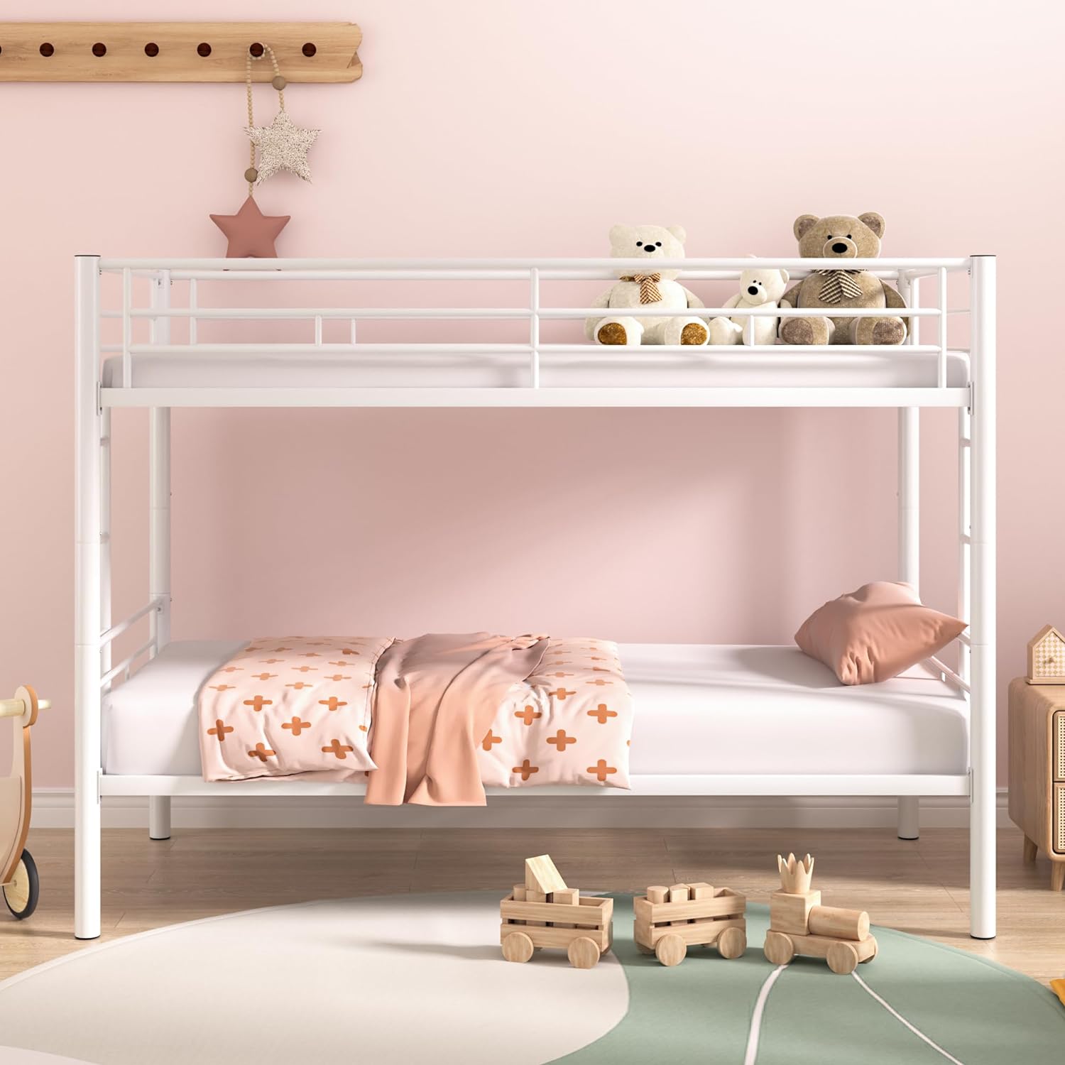 VECELO Metal Bunk Bed Twin Over Twin, Industrial Bunkbeds with Ladder and Full-Length Guardrail