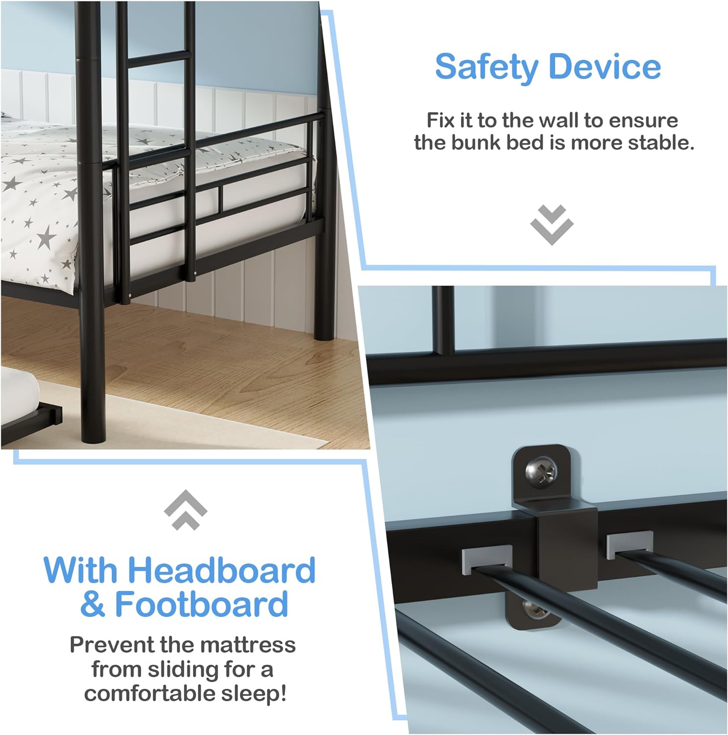 VECELO Bunk Bed Twin Over Twin with Trundle, Metal Bunkbeds with Ladder and Full-Length Guardrail - VECELO