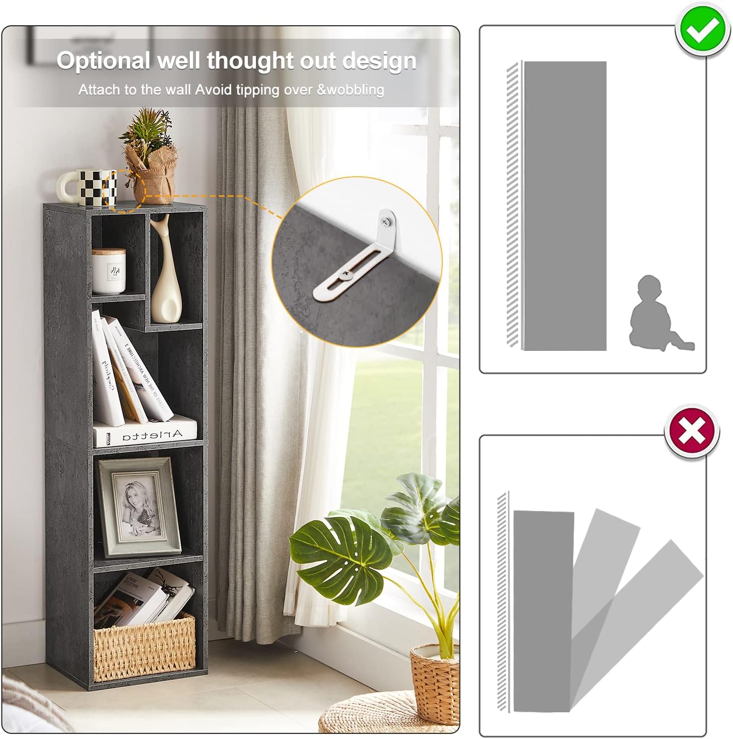 VECELO Modern 3-Tier Small Bookcase, 4 Cube/5 Cube Bookshelf/Storage Organizer for Living Room,Bedroom,Home Office