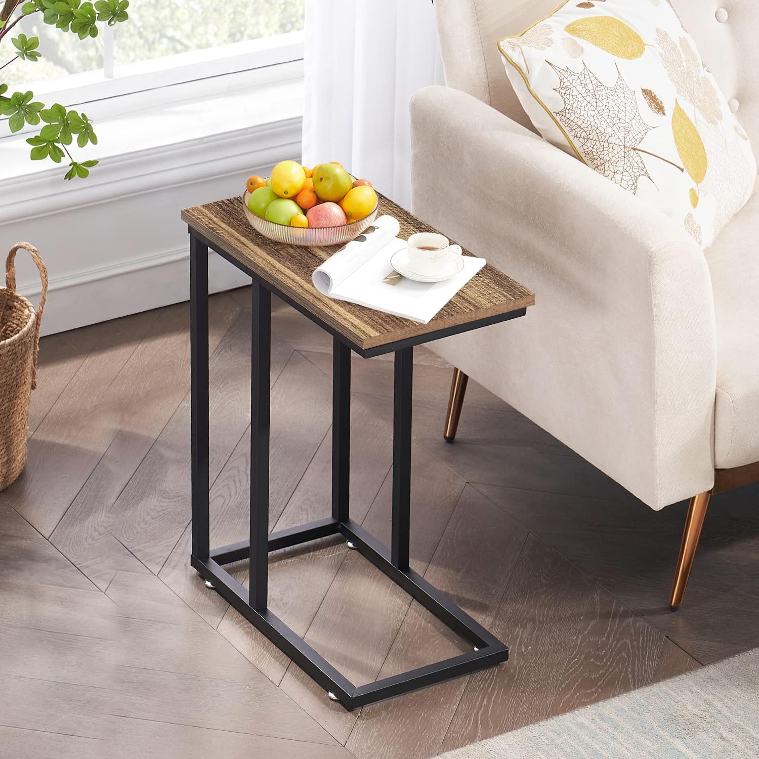VECELO C Shaped End Side Table for Sofa Couch and Bed Snack TV Tray