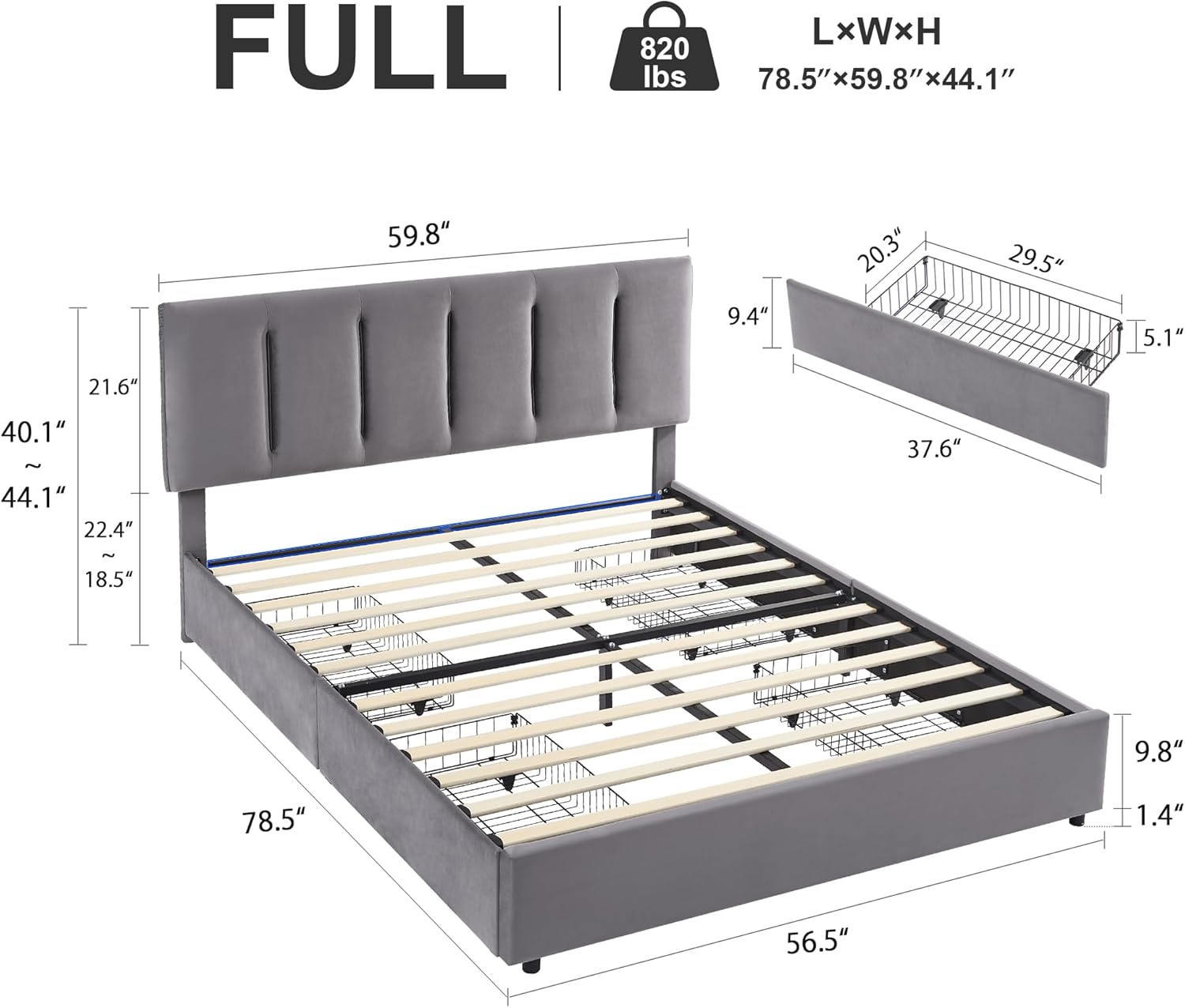 VECELO Upholstered Bed Frame with 4 Storage Drawers and Adjustable Vel