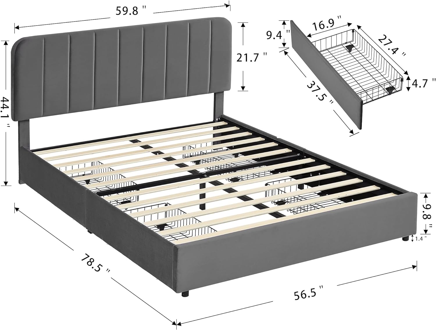 VECELO Upholstered Bed Frame with 4 Drawers and Adjustable Headboard