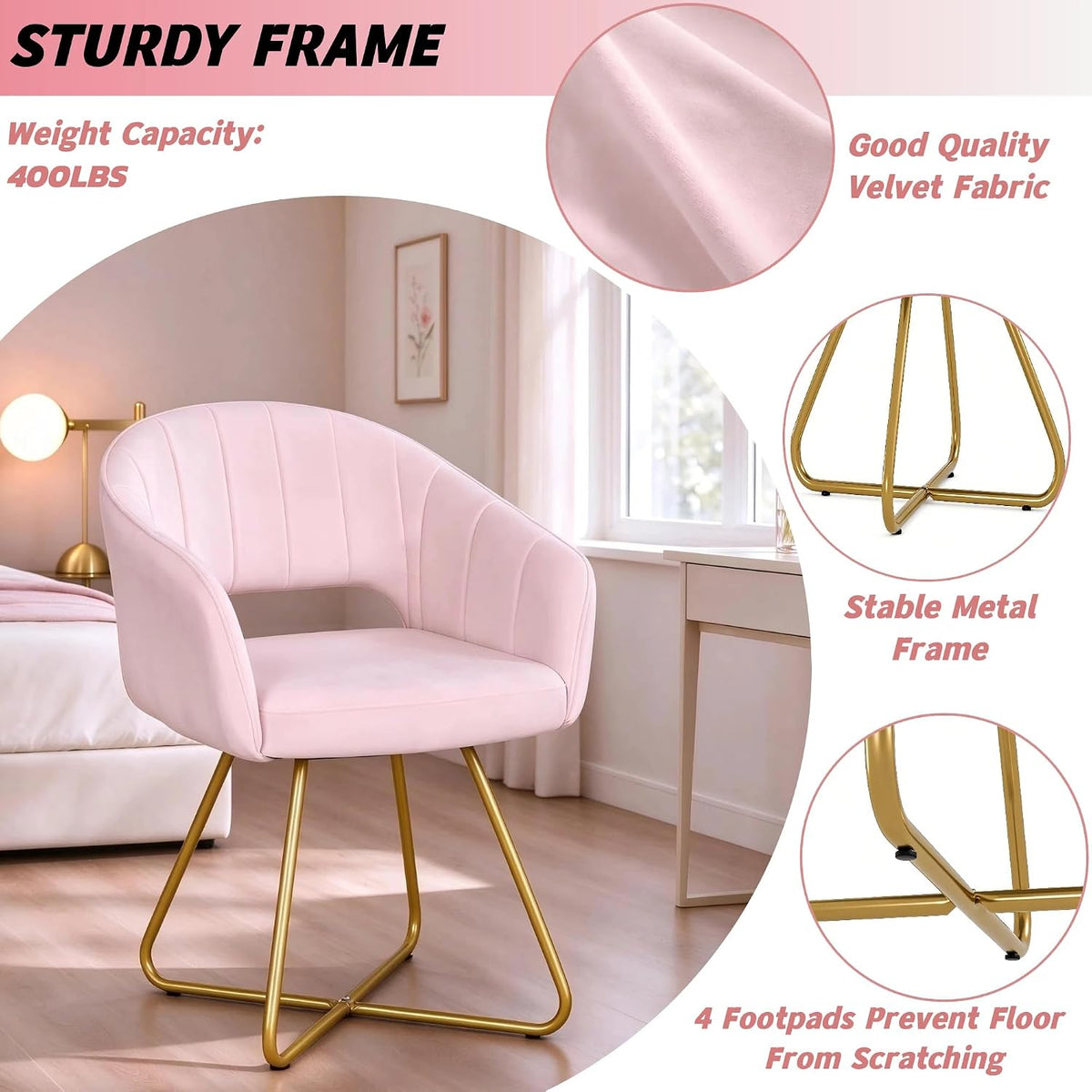 VECELO Large Wide Velvet Accent Chair  Luxury Vanity Chair with Gold Legs