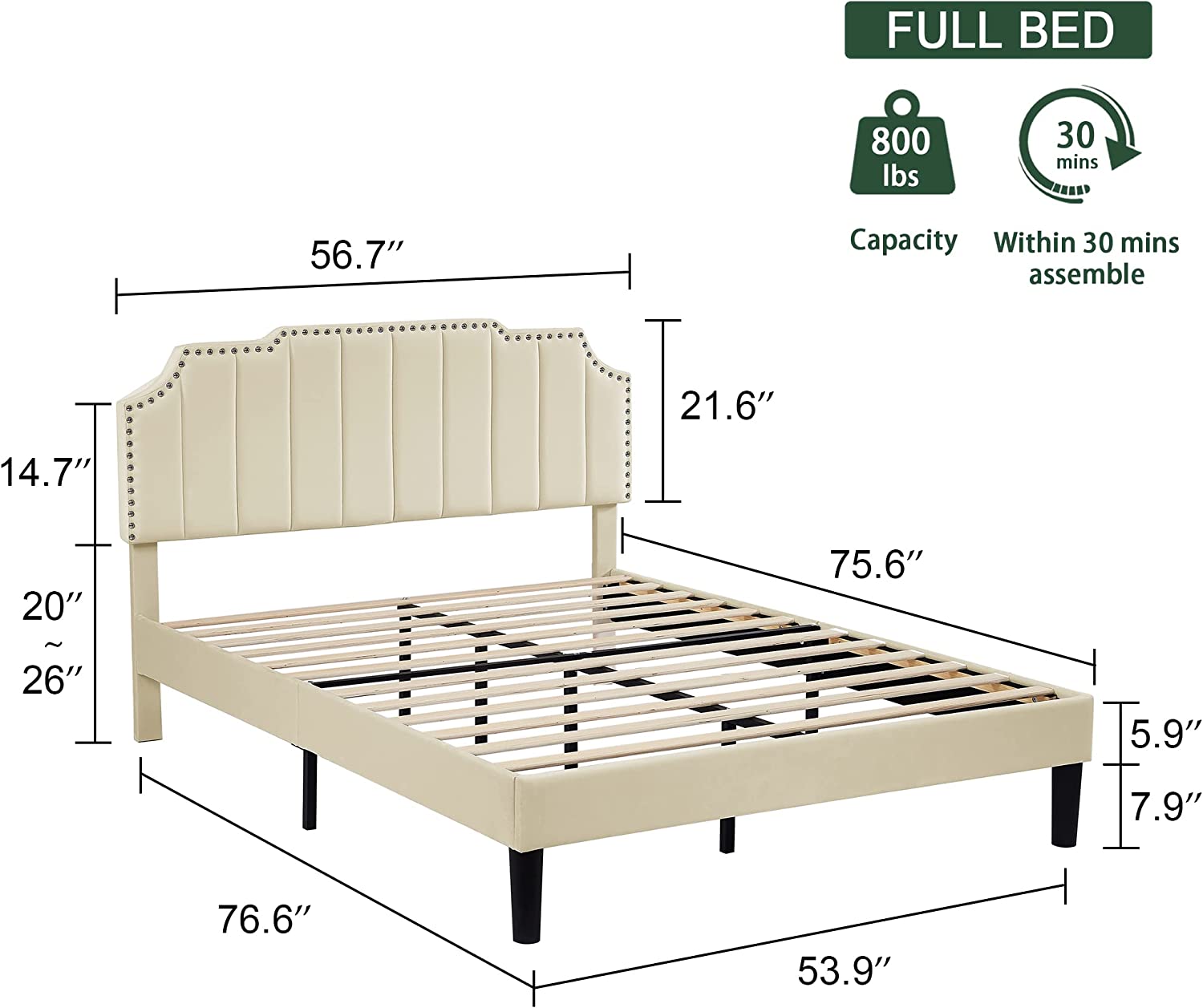 VECELO Bed Frame Upholstered Platform with Tufted Adjustable Headboard/Mattress Foundation with Wood Slat Support