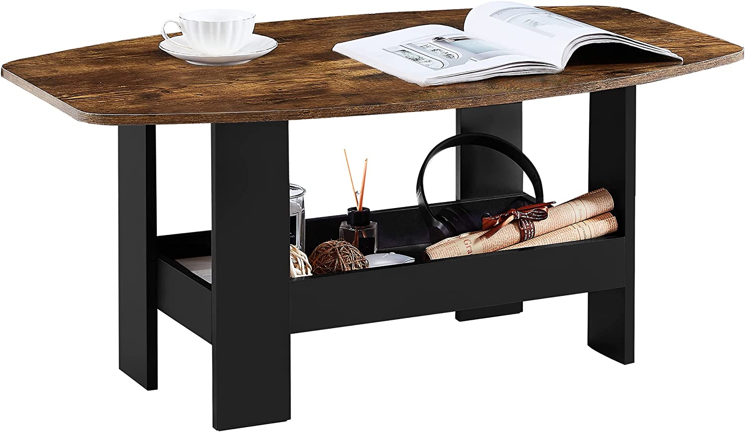 VECELO Coffee Table for Living Room with Storage Compartment Shelf, Rustic Brown - VECELO