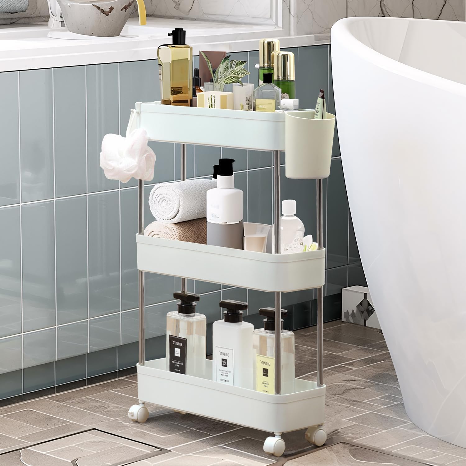 VECELO 3-Tier Storage Cart Utility Rolling Cart, Mobile Shelving Slim Unit Organizers with 360°Wheels Hooks&Hanging Cups