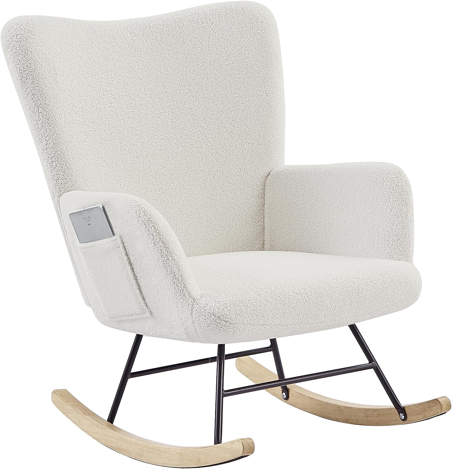 VECELO Rocking Chair, Modern Upholstered Teddy Fabric Nursery Glider with Padded Seat, High Backrest, Armchair and Pocket for Living Room Bedroom Balcony Offices